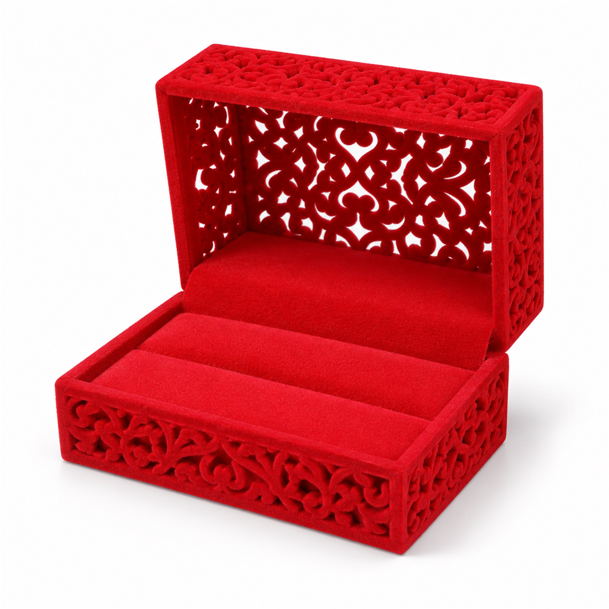 Custom Red Flocked Openwork Wedding Jewelry Presentation Box front product view