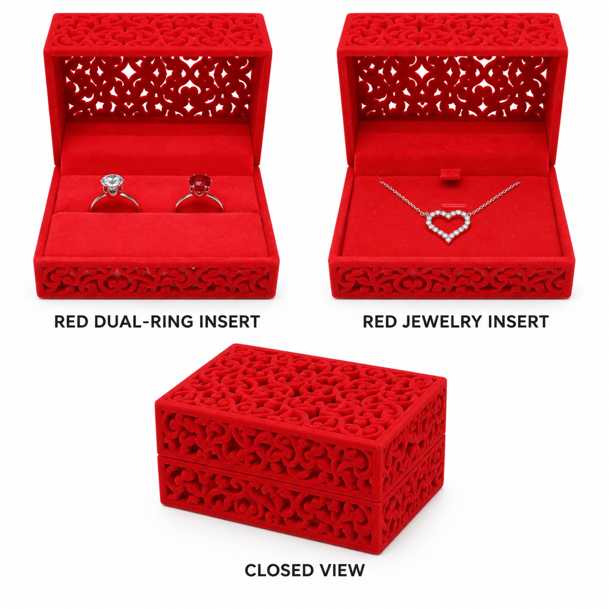 Custom Red Flocked Openwork Wedding Jewelry Presentation Box available styles and colors