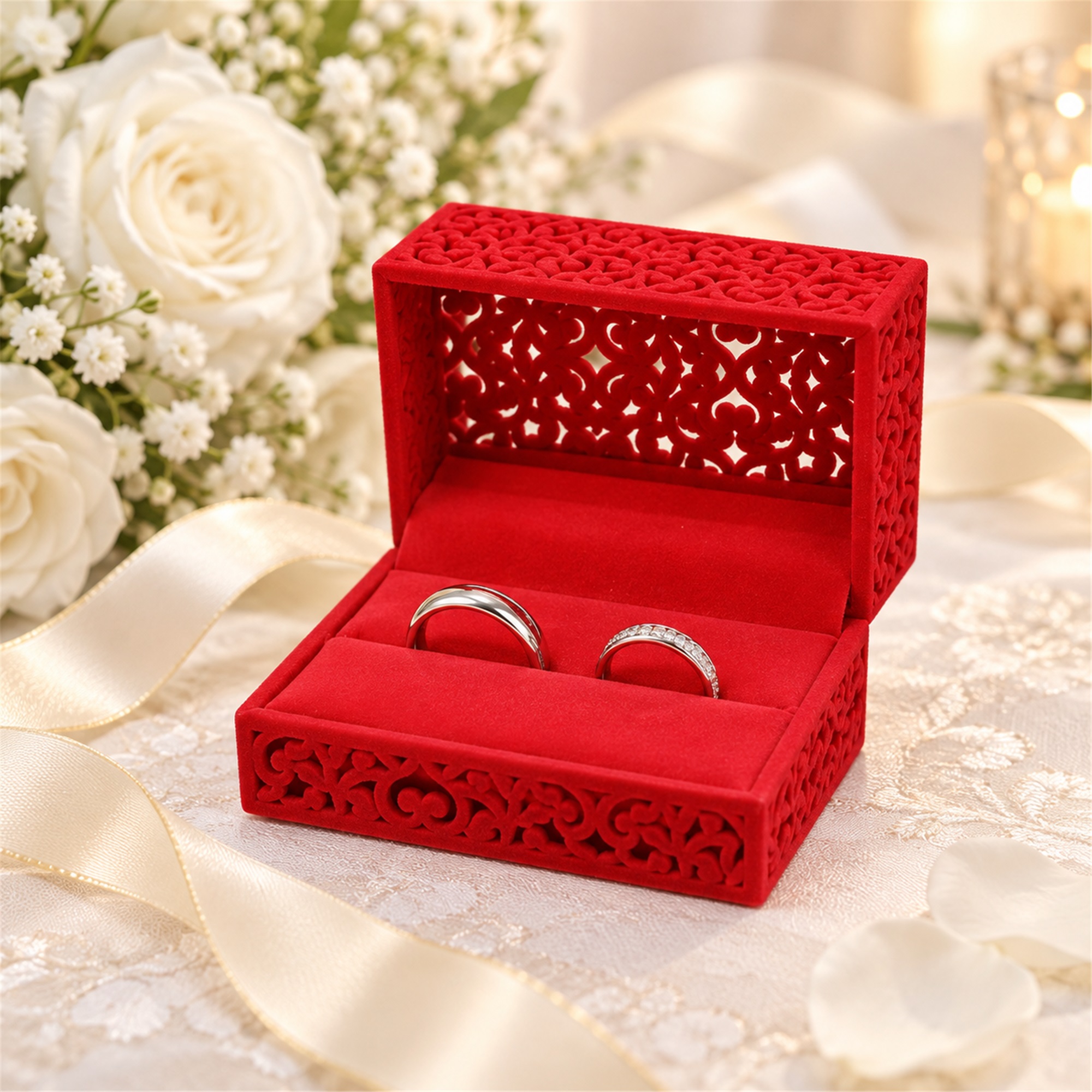 Custom Red Flocked Openwork Wedding Jewelry Presentation Box lifestyle application