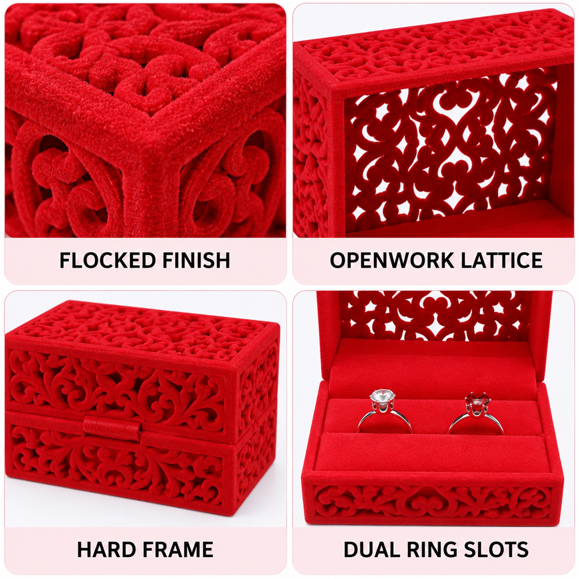 Custom Red Flocked Openwork Wedding Jewelry Presentation Box product construction details