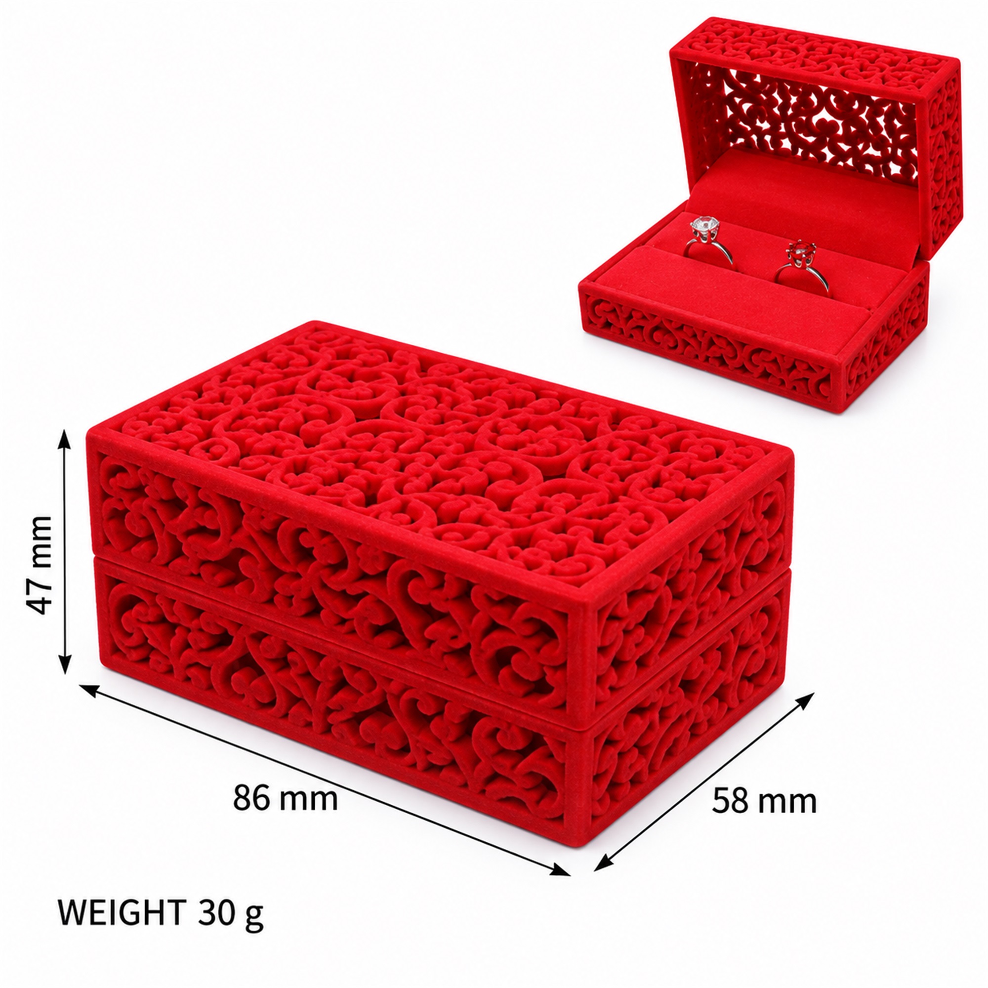Custom Red Flocked Openwork Wedding Jewelry Presentation Box size and structure
