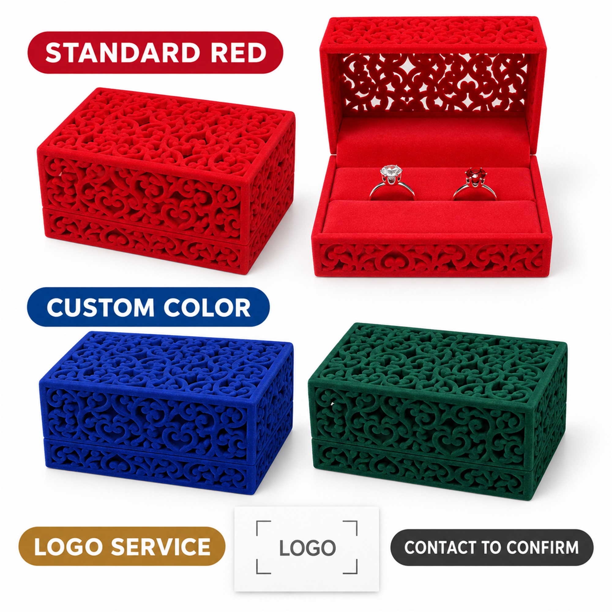Custom Red Flocked Openwork Wedding Jewelry Presentation Box custom logo option