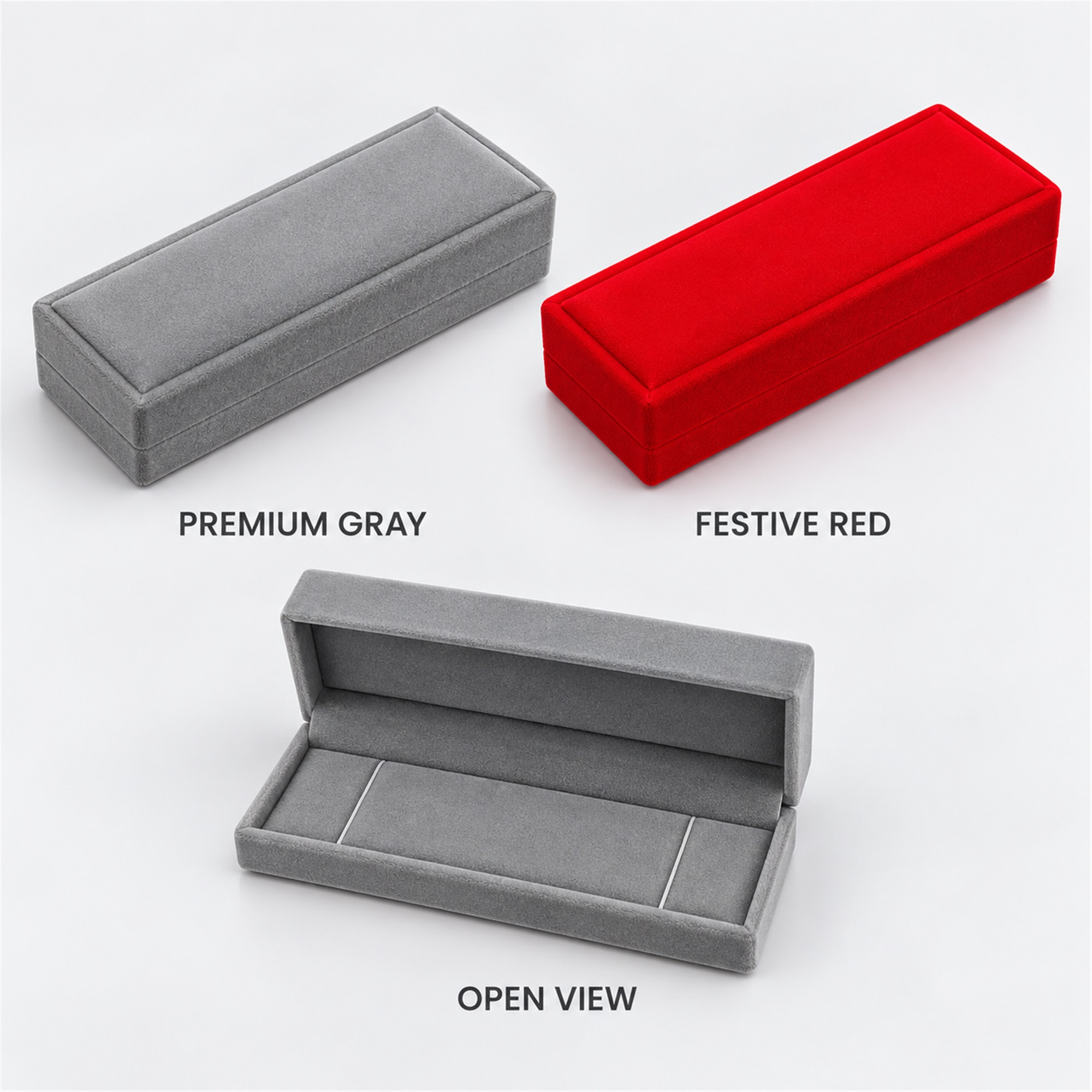 Custom Slim Rectangular Flocked Jewelry Presentation Box available styles and colors