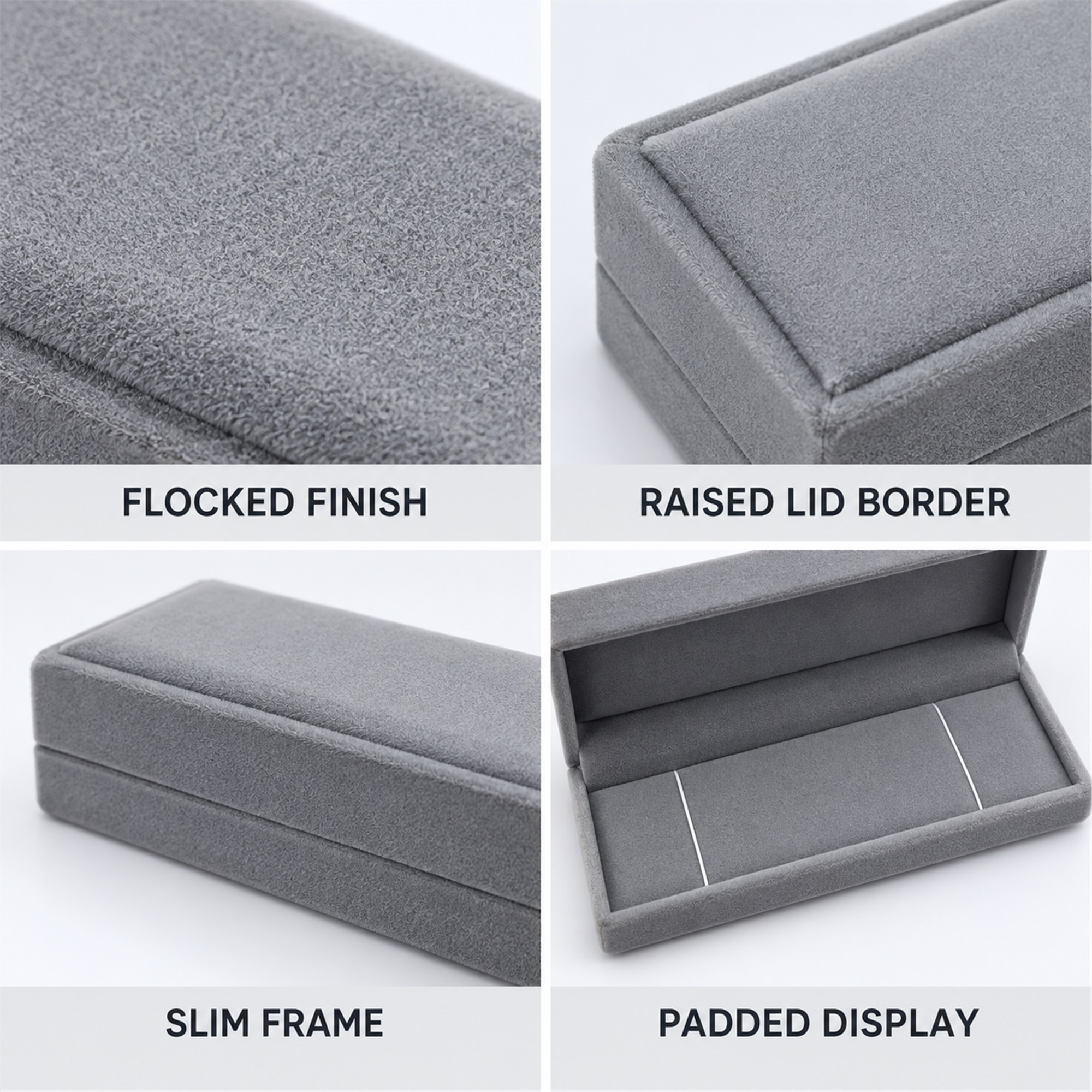 Custom Slim Rectangular Flocked Jewelry Presentation Box product construction details
