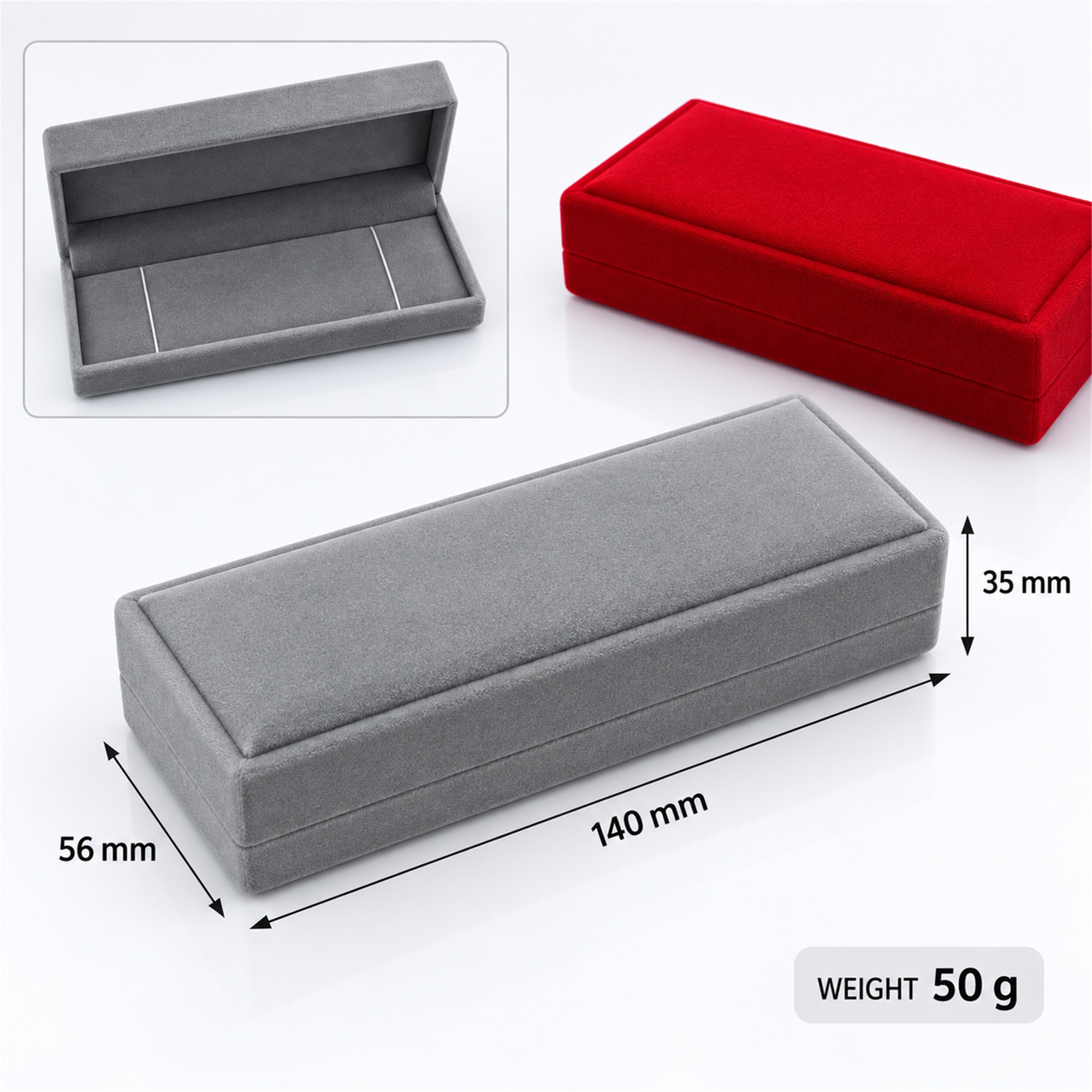 Custom Slim Rectangular Flocked Jewelry Presentation Box size and structure