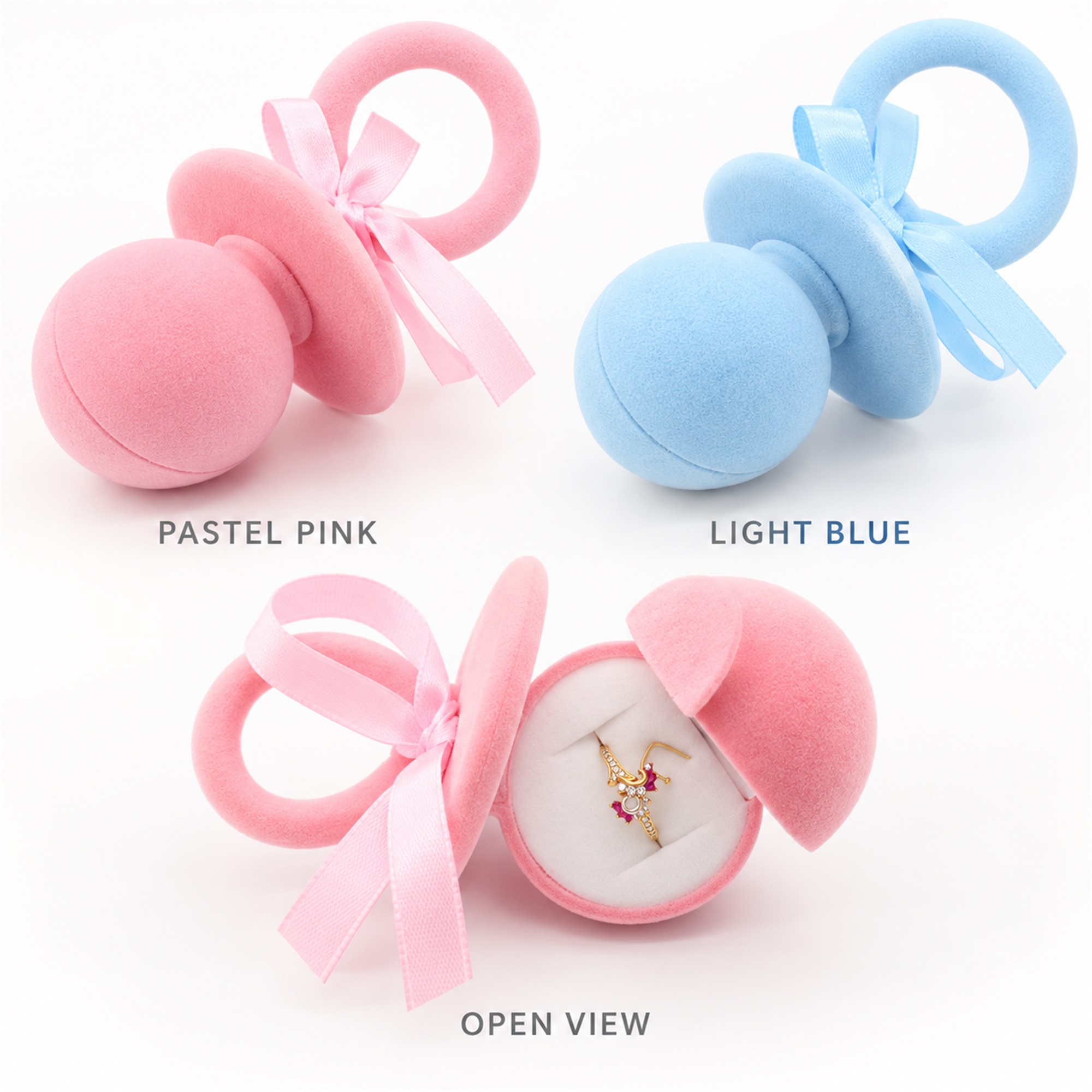 Flocked Pacifier-Shaped Ring Presentation Box available styles and colors