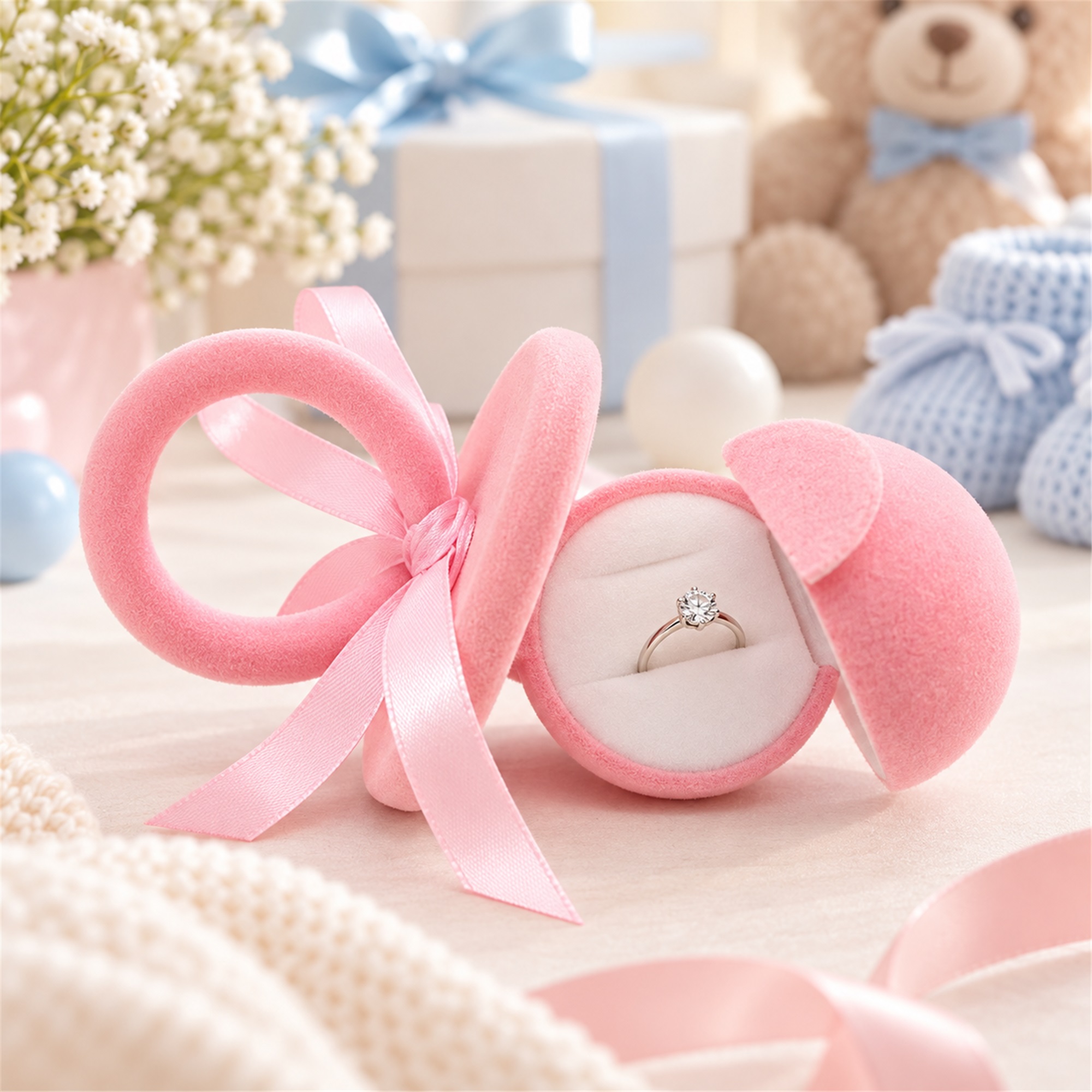 Flocked Pacifier-Shaped Ring Presentation Box lifestyle application