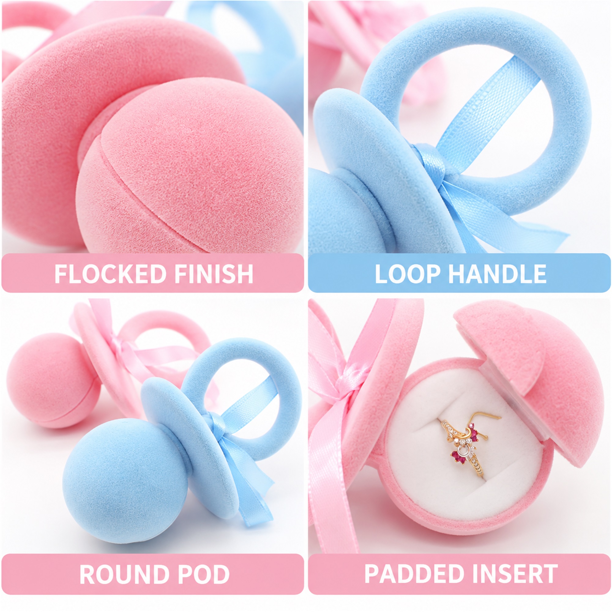 Flocked Pacifier-Shaped Ring Presentation Box product construction details