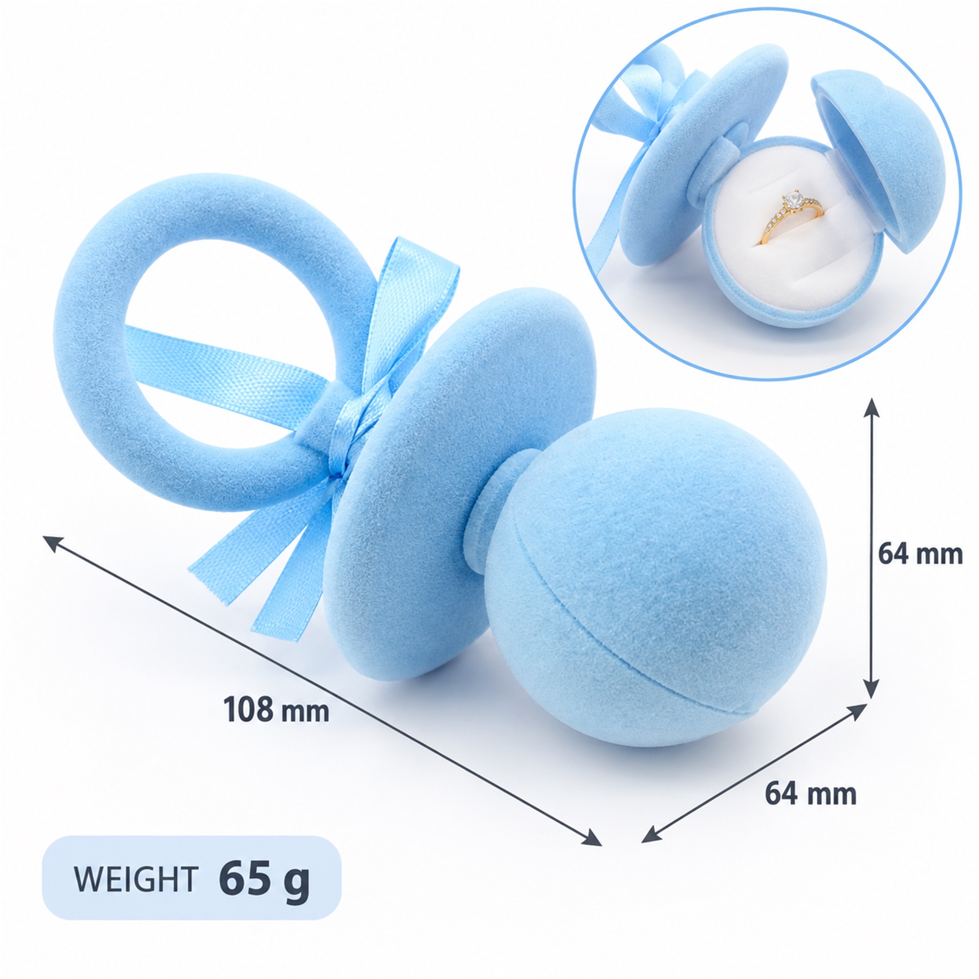 Flocked Pacifier-Shaped Ring Presentation Box size and structure