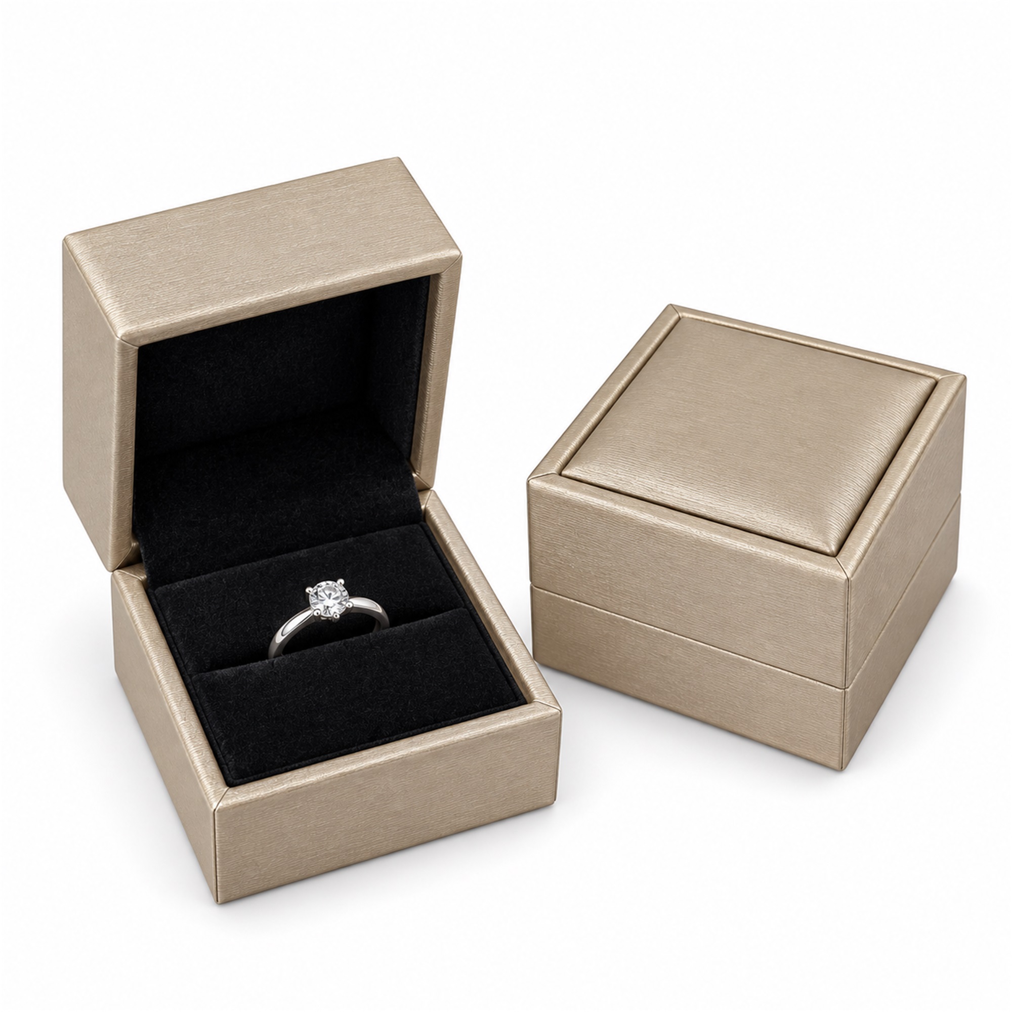 Custom Brushed-Leather Square Hinged Ring And Jewelry Presentation Box front product view