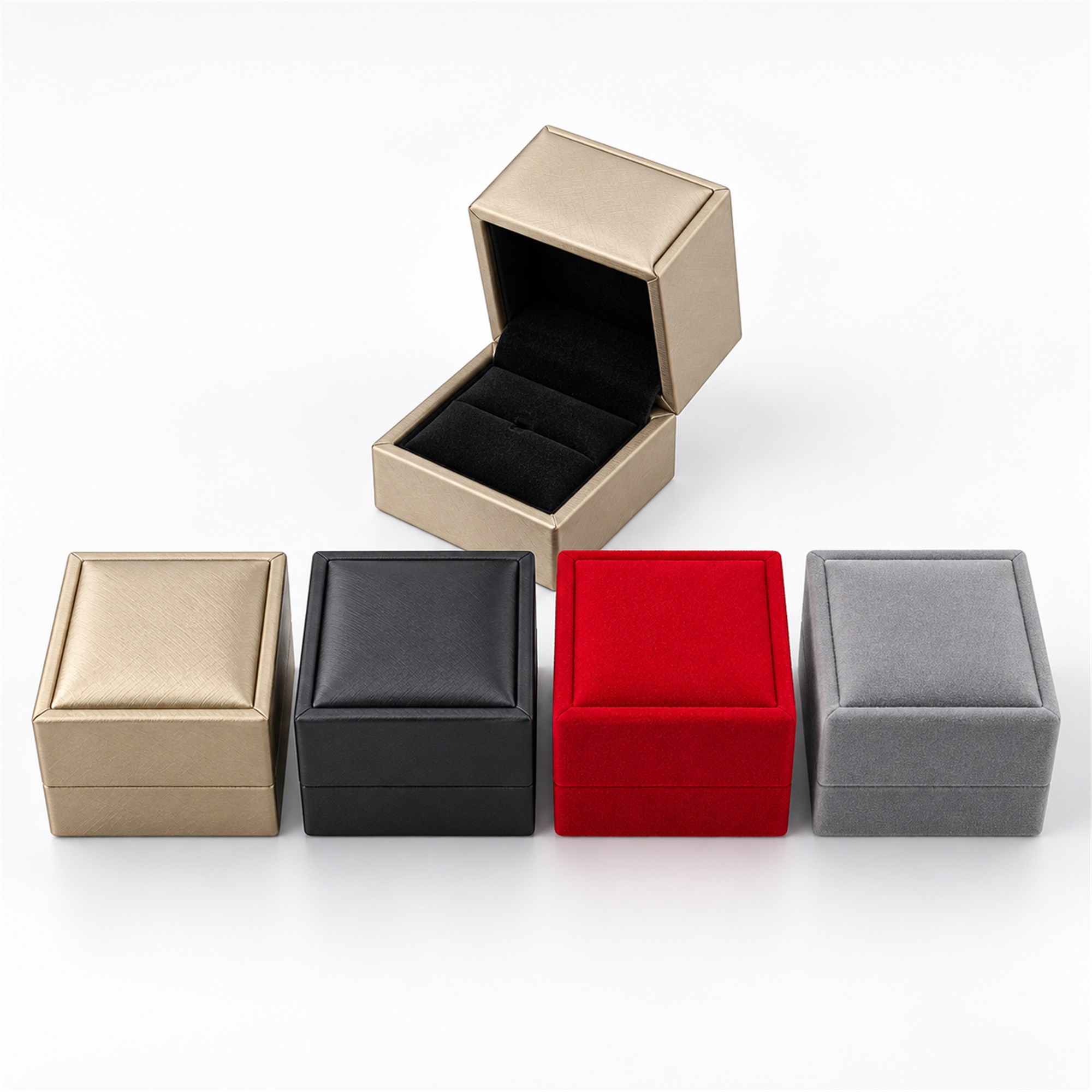 Custom Brushed-Leather Square Hinged Ring And Jewelry Presentation Box available styles and colors