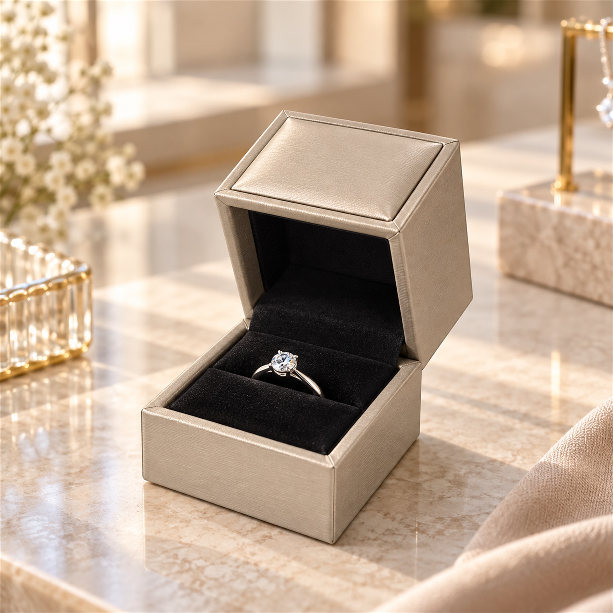 Custom Brushed-Leather Square Hinged Ring And Jewelry Presentation Box lifestyle application