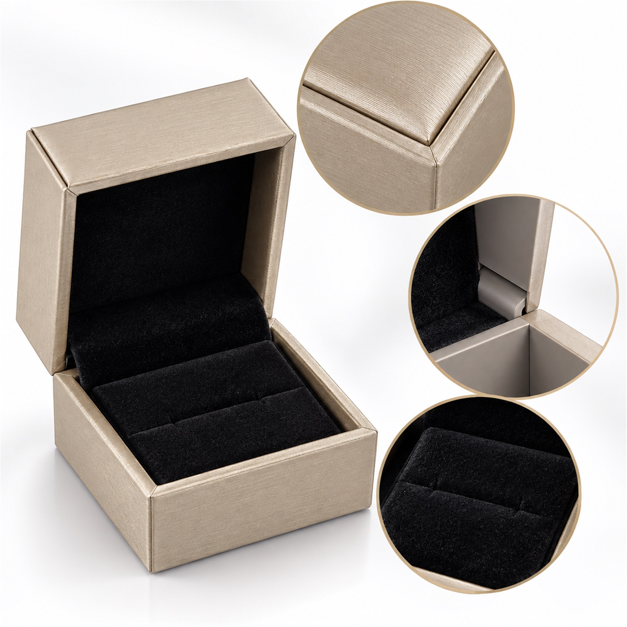 Custom Brushed-Leather Square Hinged Ring And Jewelry Presentation Box product construction details