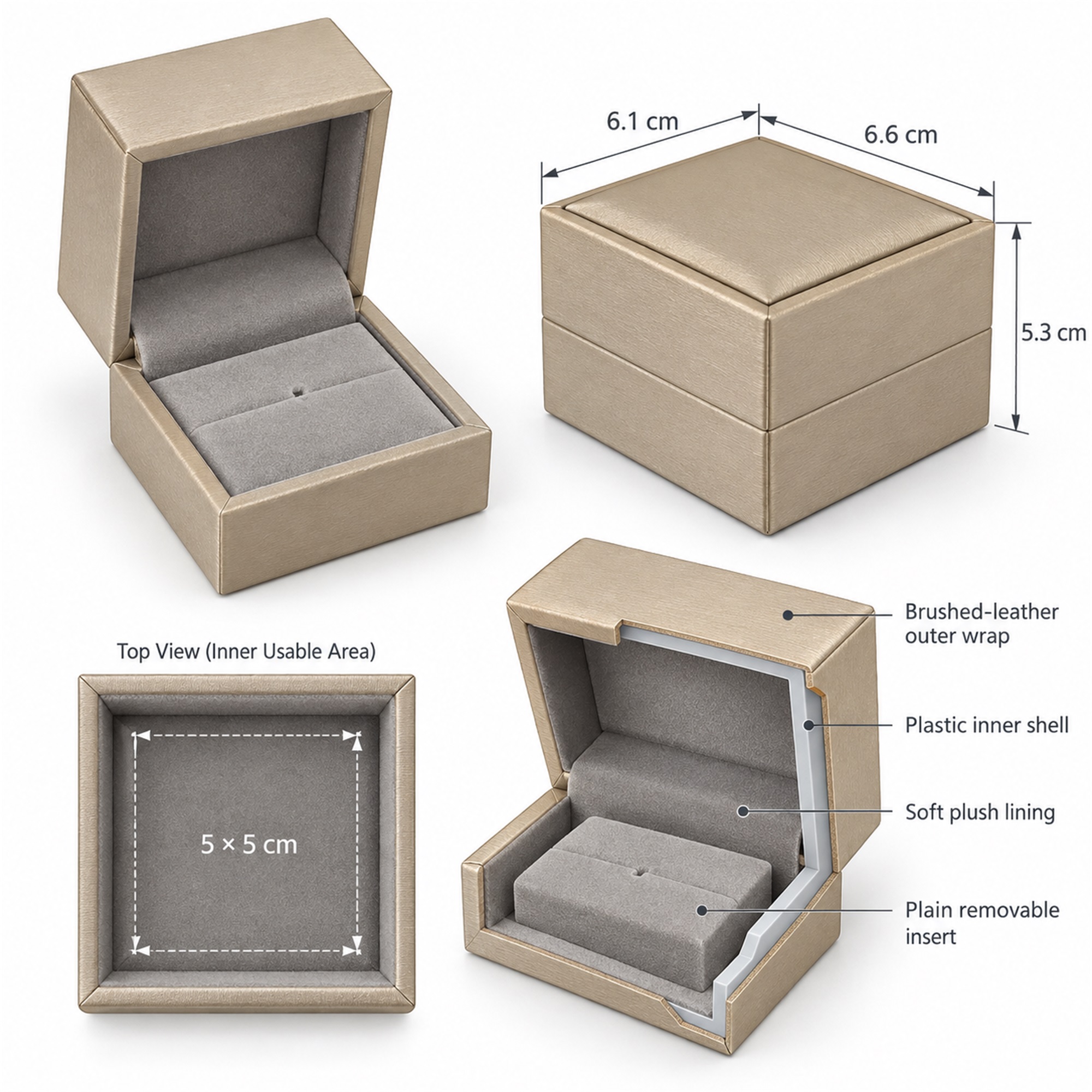 Custom Brushed-Leather Square Hinged Ring And Jewelry Presentation Box size and structure