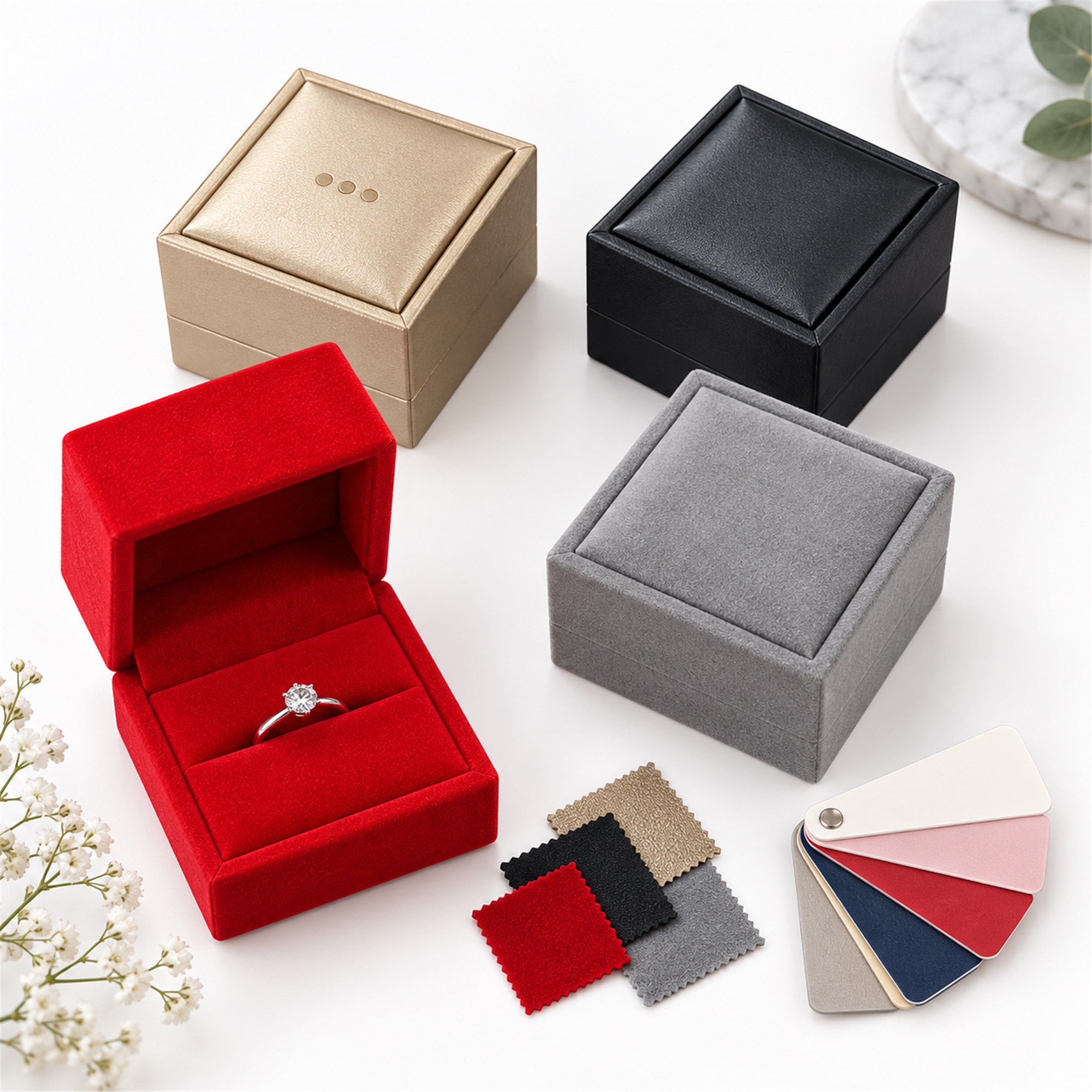 Custom Brushed-Leather Square Hinged Ring And Jewelry Presentation Box custom logo option