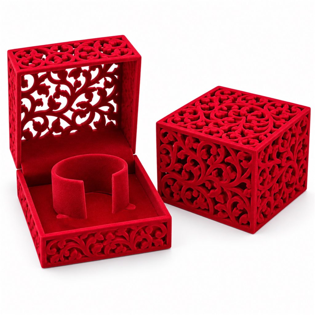 Custom Hollow-Cut Flocked Square Watch, Bracelet And Necklace Presentation Box front product view