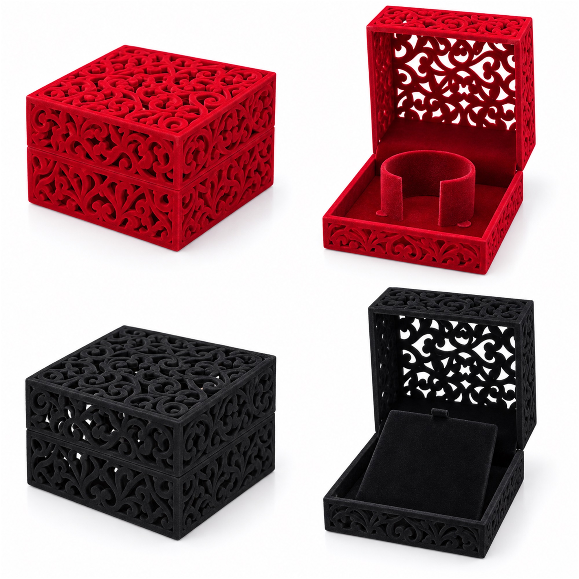 Custom Hollow-Cut Flocked Square Watch, Bracelet And Necklace Presentation Box available styles and colors
