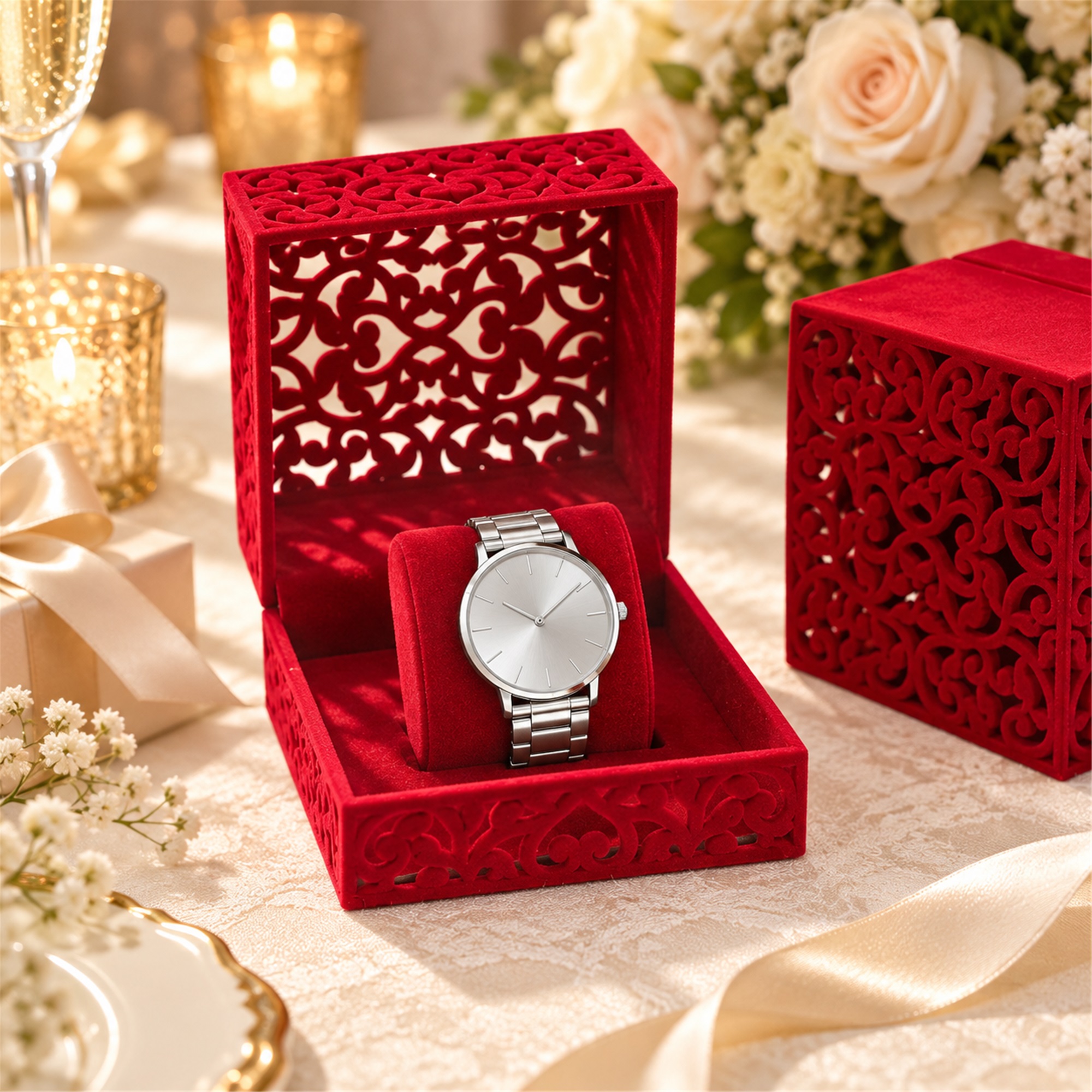 Custom Hollow-Cut Flocked Square Watch, Bracelet And Necklace Presentation Box lifestyle application