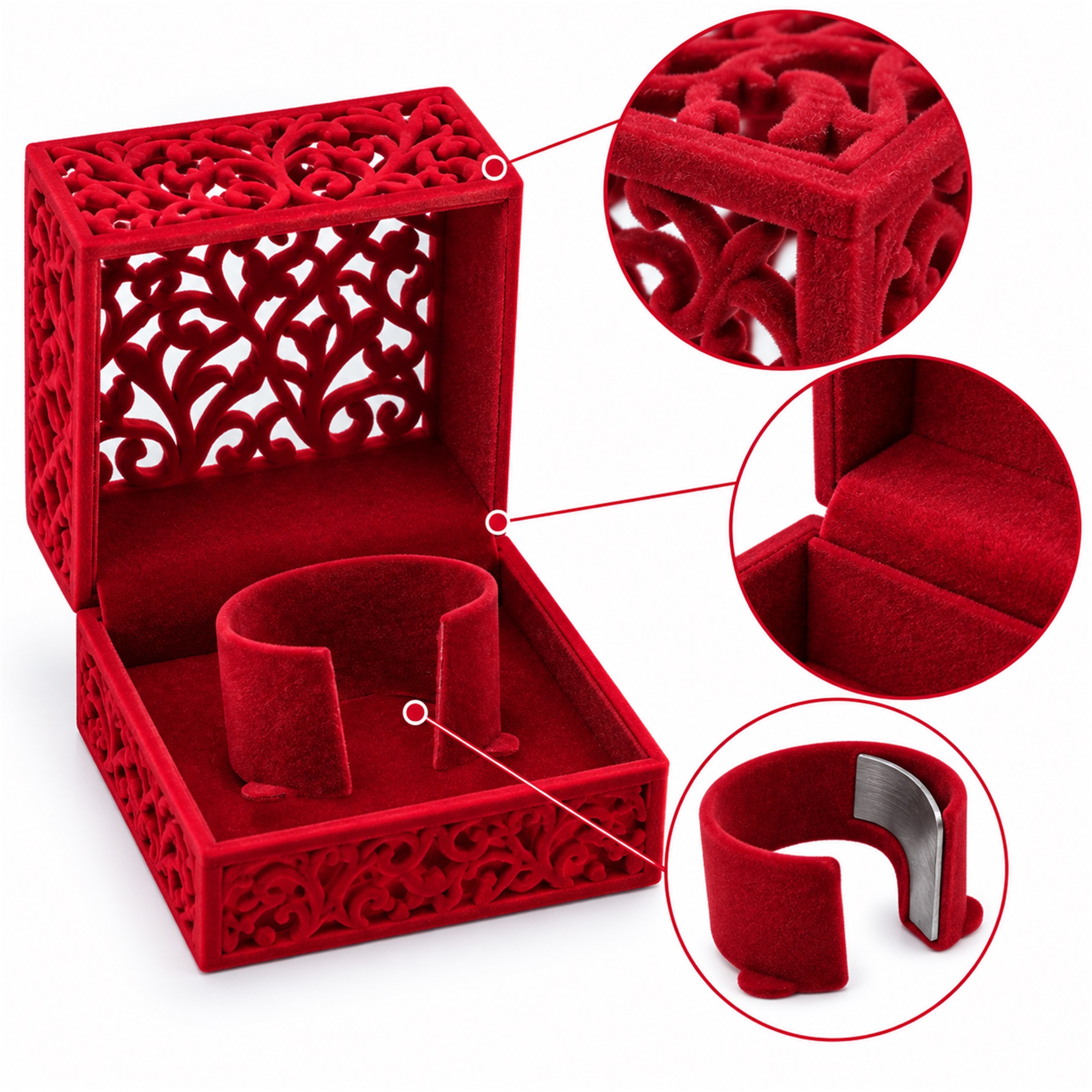 Custom Hollow-Cut Flocked Square Watch, Bracelet And Necklace Presentation Box product construction details