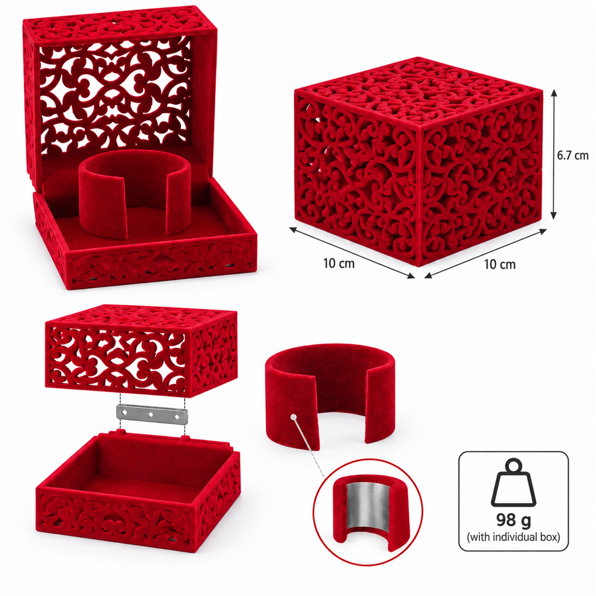 Custom Hollow-Cut Flocked Square Watch, Bracelet And Necklace Presentation Box size and structure