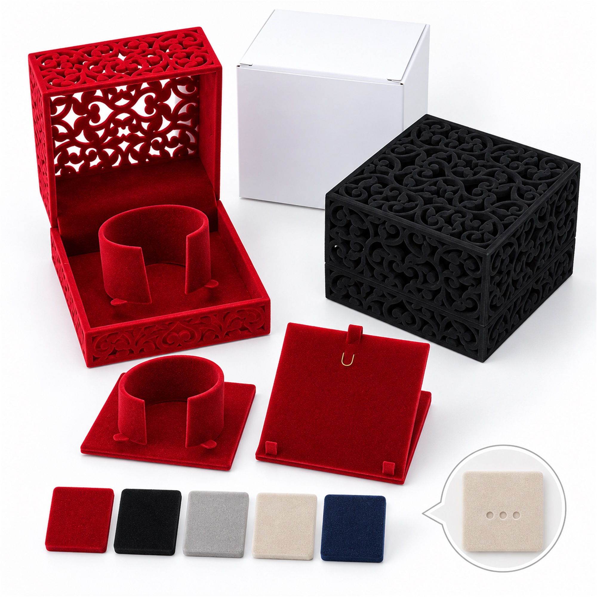 Custom Hollow-Cut Flocked Square Watch, Bracelet And Necklace Presentation Box custom logo option