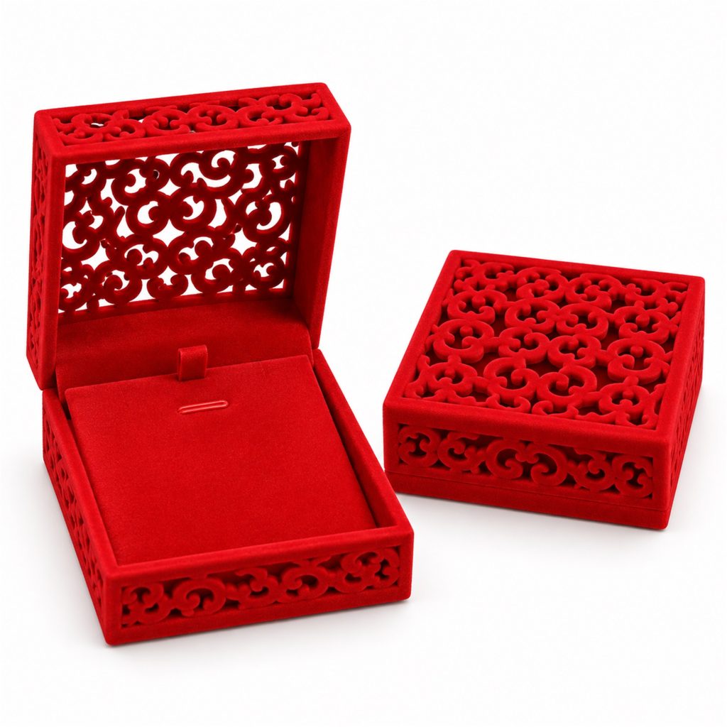 Red Hollow-Cut Flocked Necklace And Pendant Presentation Box front product view