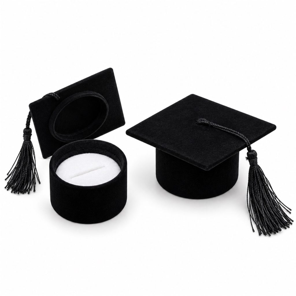 Black Flocked Graduation-Cap Ring And Earring Presentation Box front product view