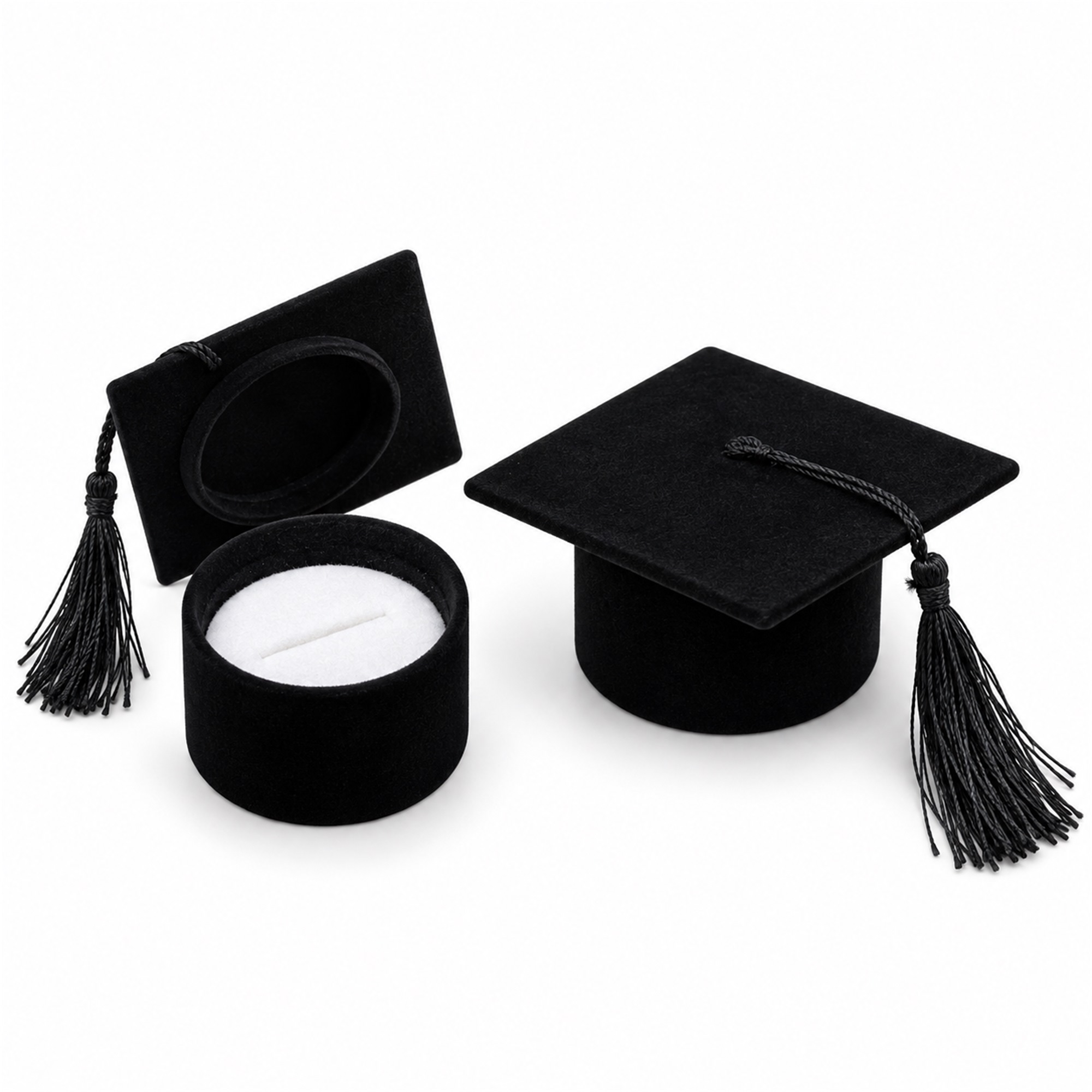 Black Flocked Graduation-Cap Ring And Earring Presentation Box front product view