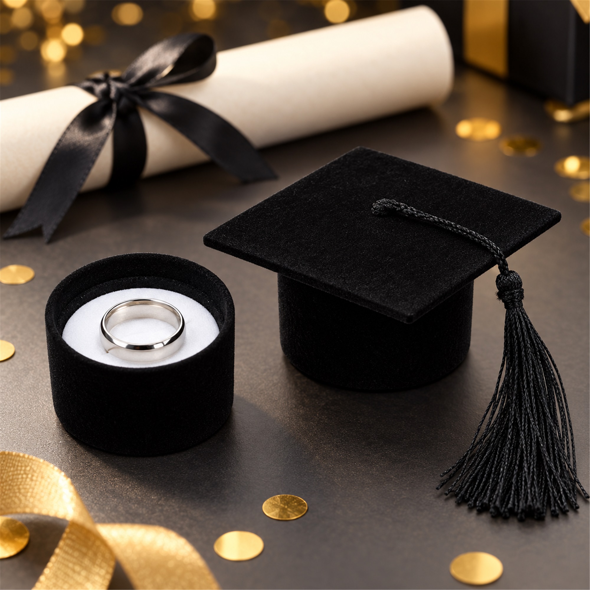 Black Flocked Graduation-Cap Ring And Earring Presentation Box lifestyle application