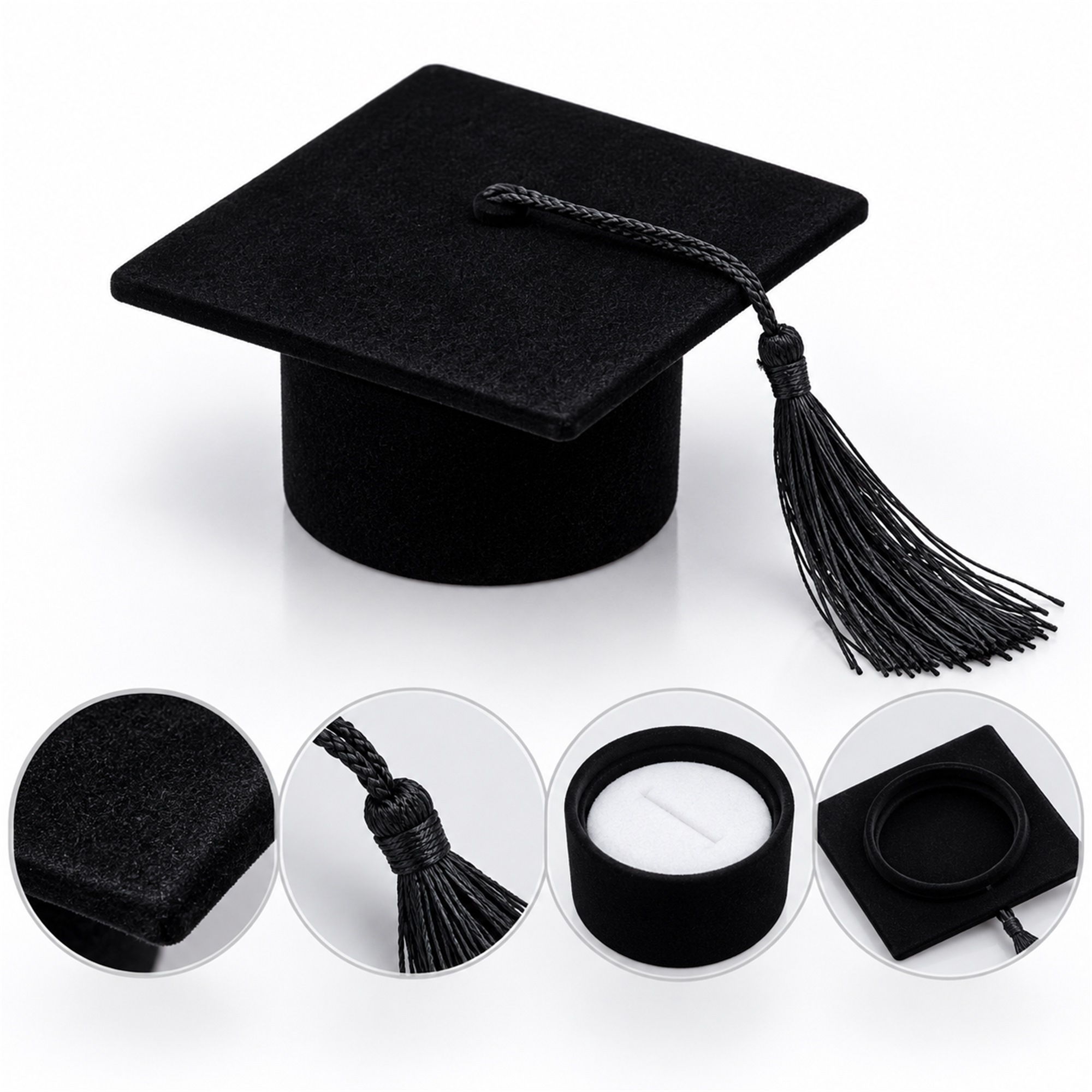 Black Flocked Graduation-Cap Ring And Earring Presentation Box product construction details
