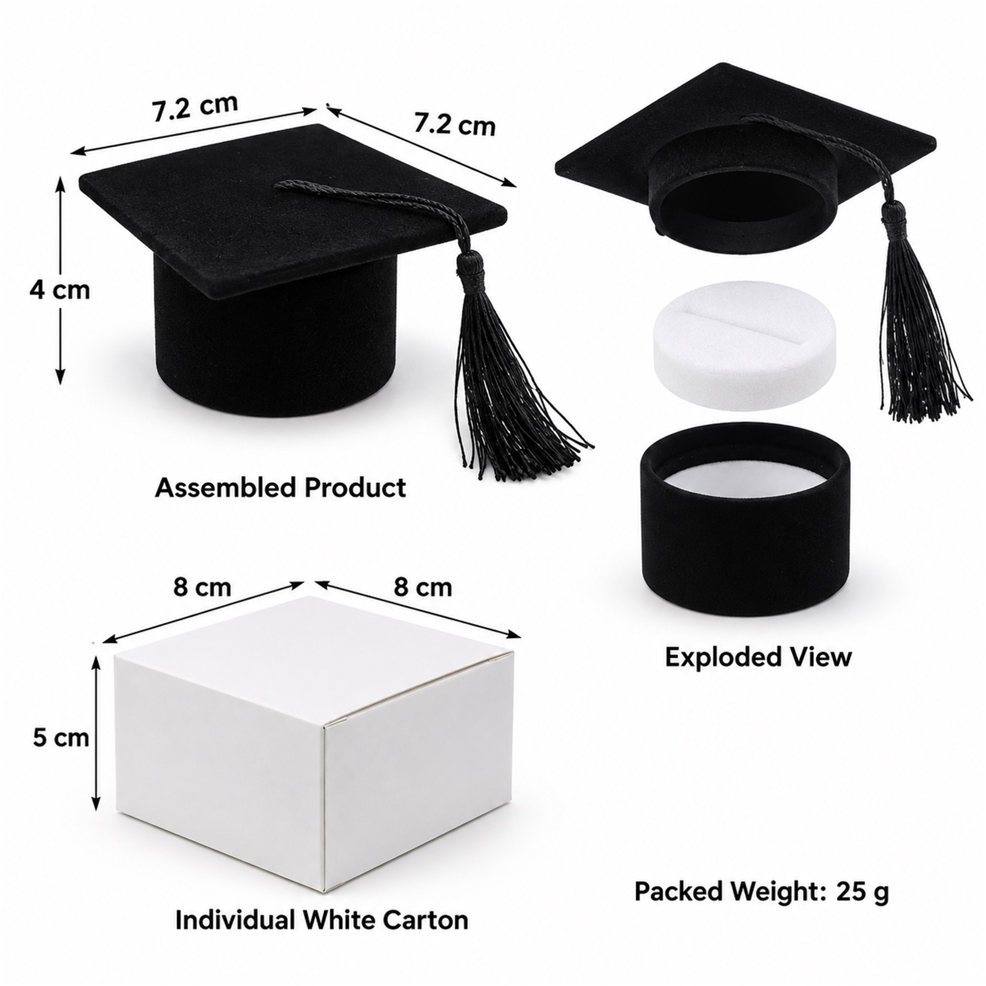 Black Flocked Graduation-Cap Ring And Earring Presentation Box size and structure