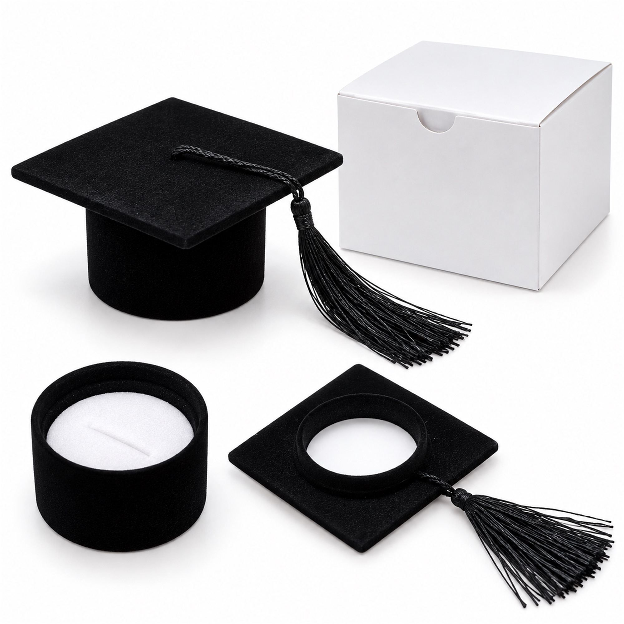 Black Flocked Graduation-Cap Ring And Earring Presentation Box additional product views