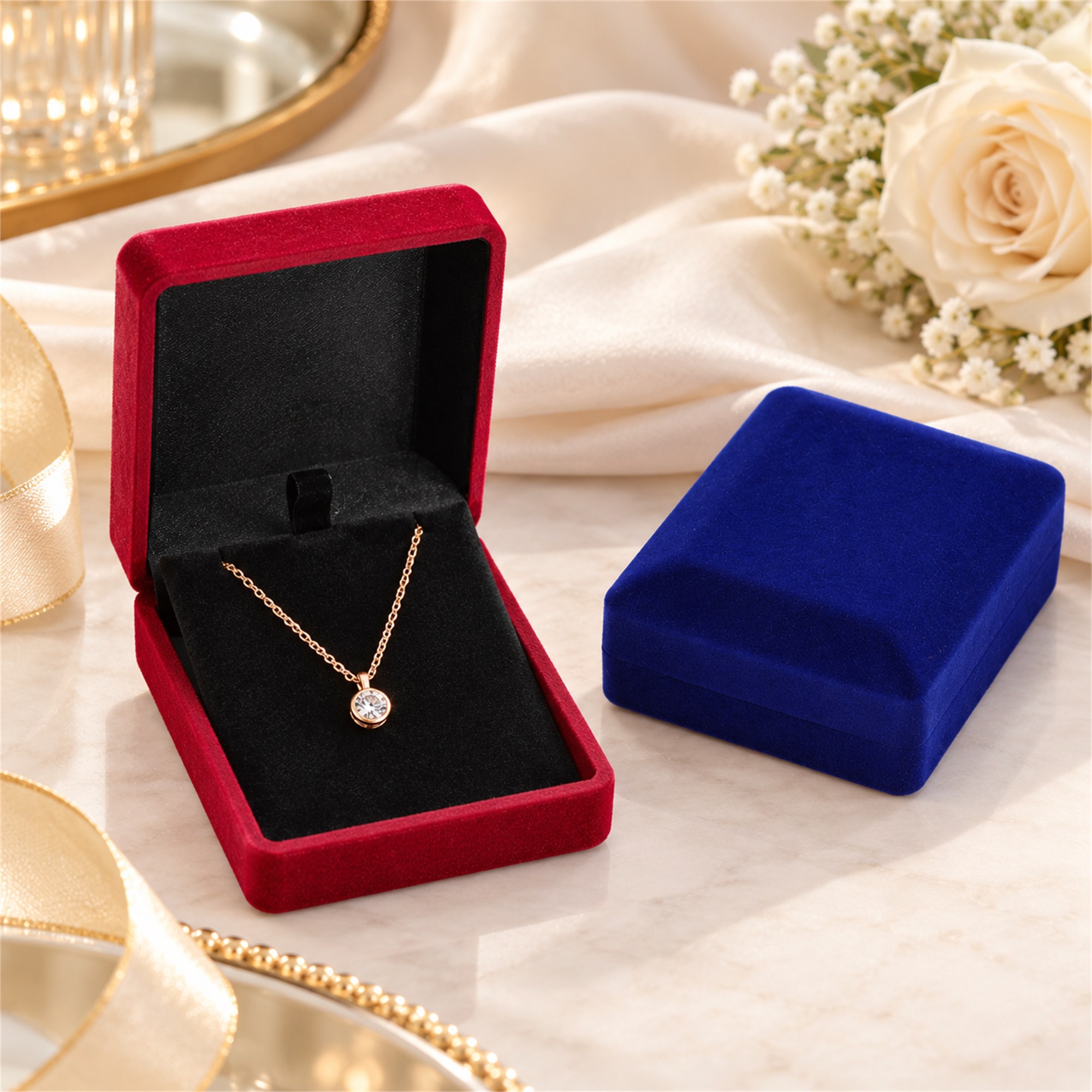 Rigid Hinged Velvet Pendant, Earring And Necklace Presentation Box lifestyle application