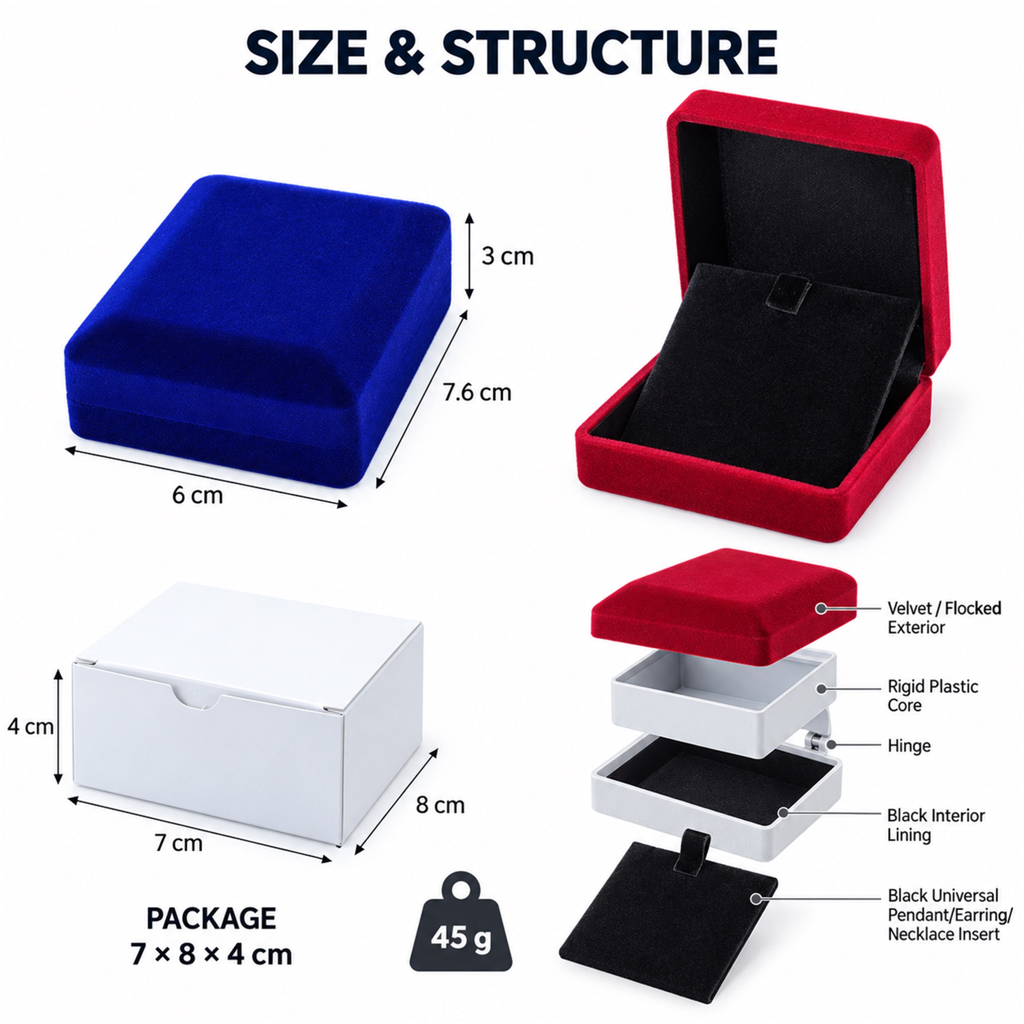 Rigid Hinged Velvet Pendant, Earring And Necklace Presentation Box size and structure