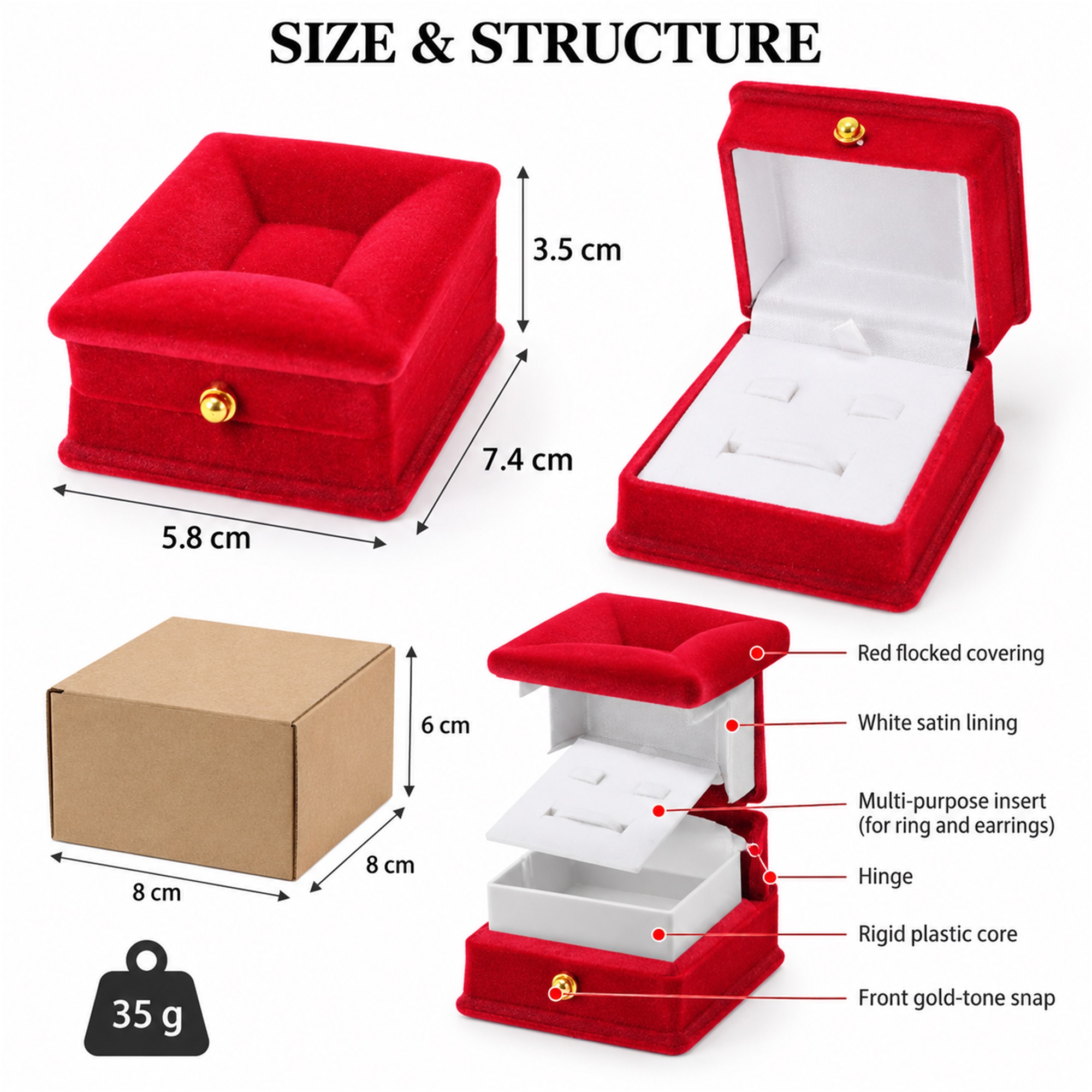 Red Stool-Shaped Velvet Jewelry Presentation Box size and structure