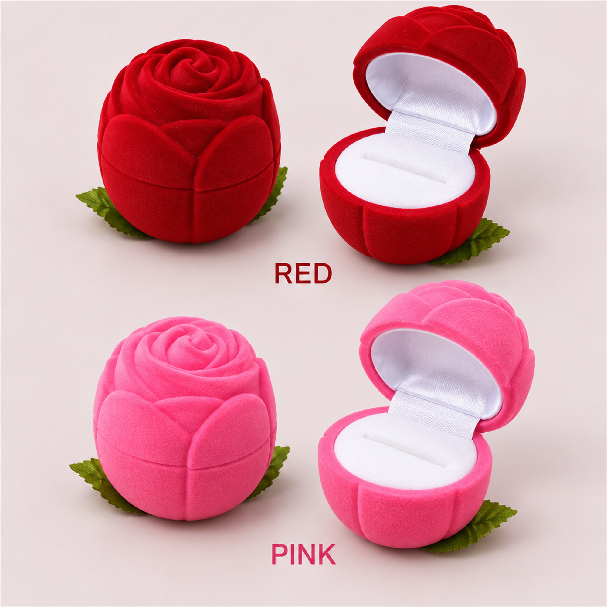 Rosebud-Shaped Velvet Proposal Ring Box available styles and colors