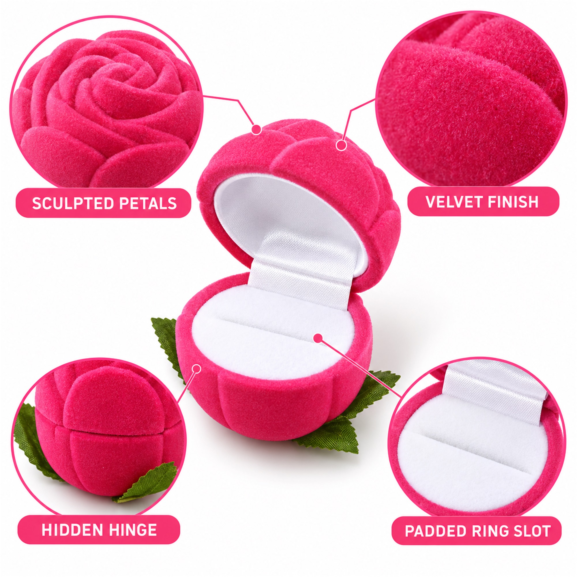 Rosebud-Shaped Velvet Proposal Ring Box product construction details