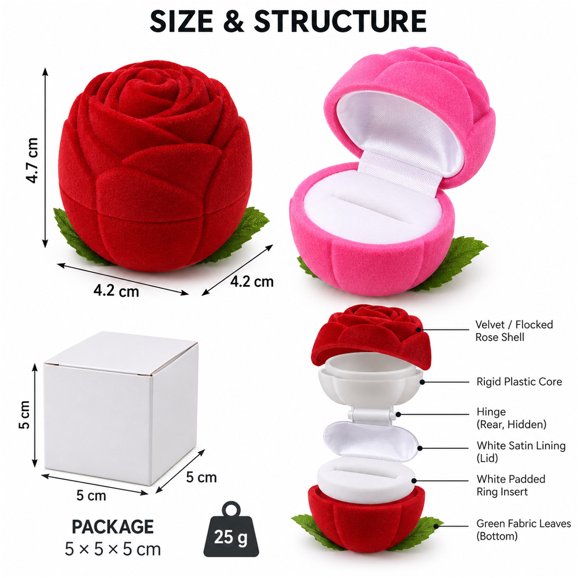 Rosebud-Shaped Velvet Proposal Ring Box size and structure