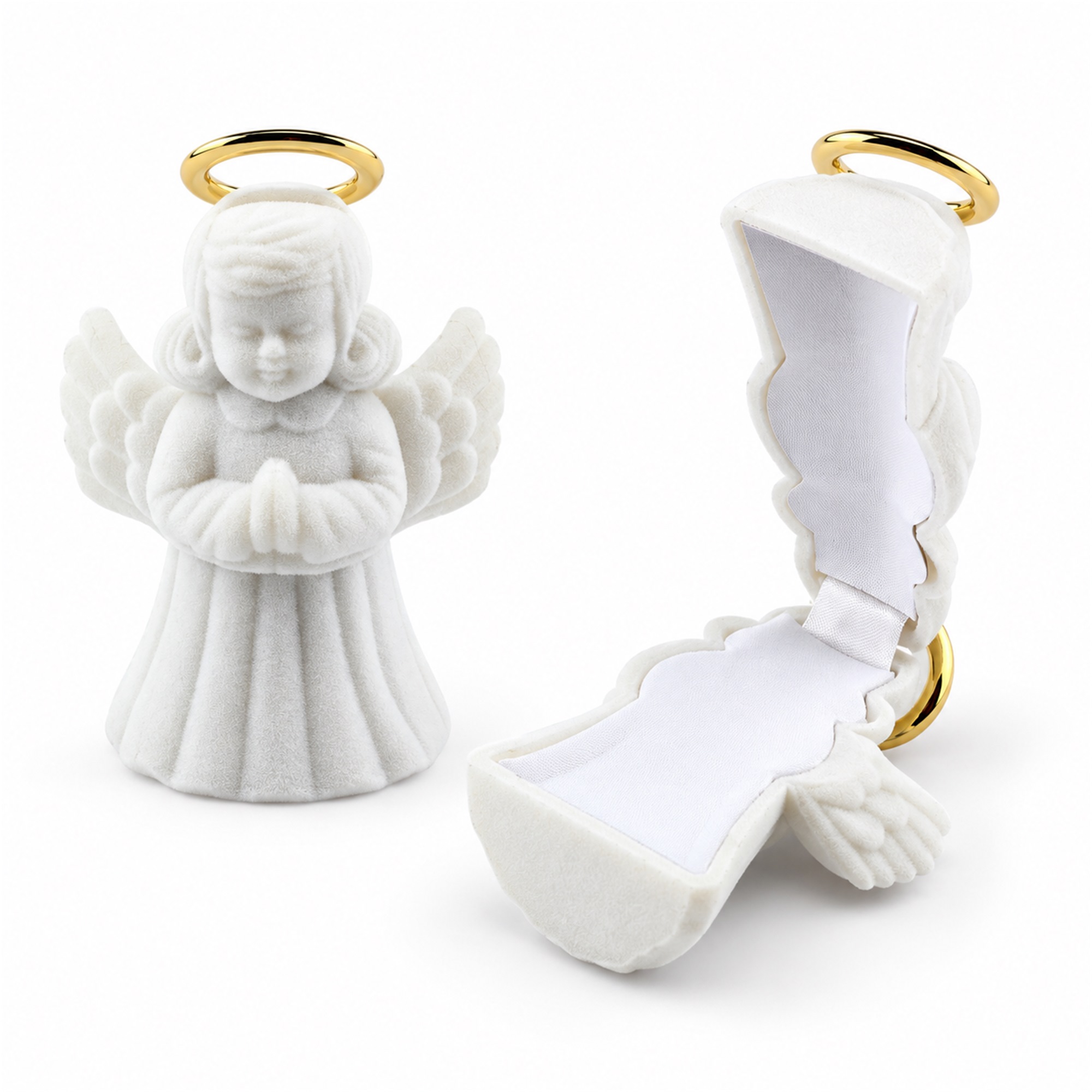 White Flocked Praying-Angel Figurine Jewelry Box front product view