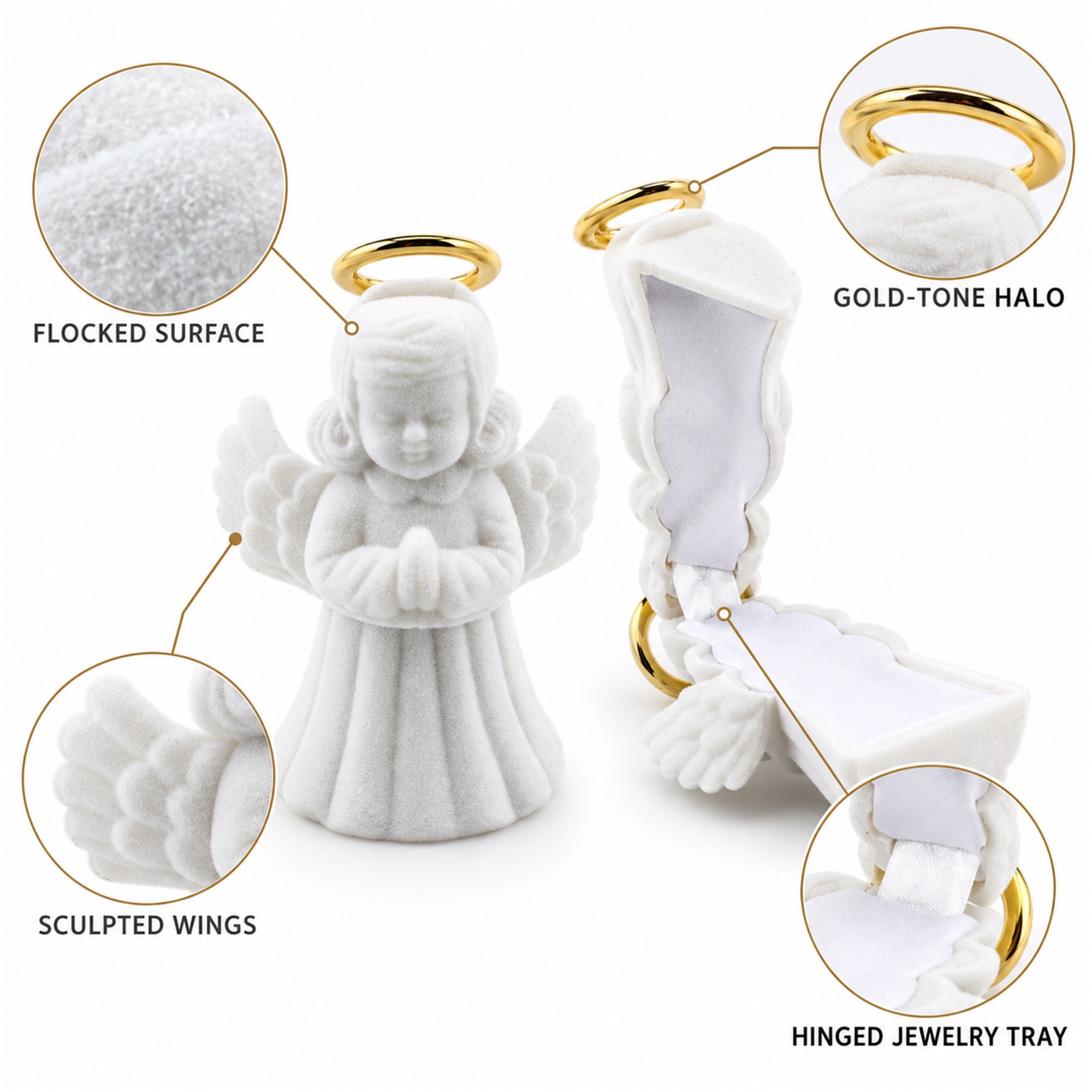White Flocked Praying-Angel Figurine Jewelry Box product construction details
