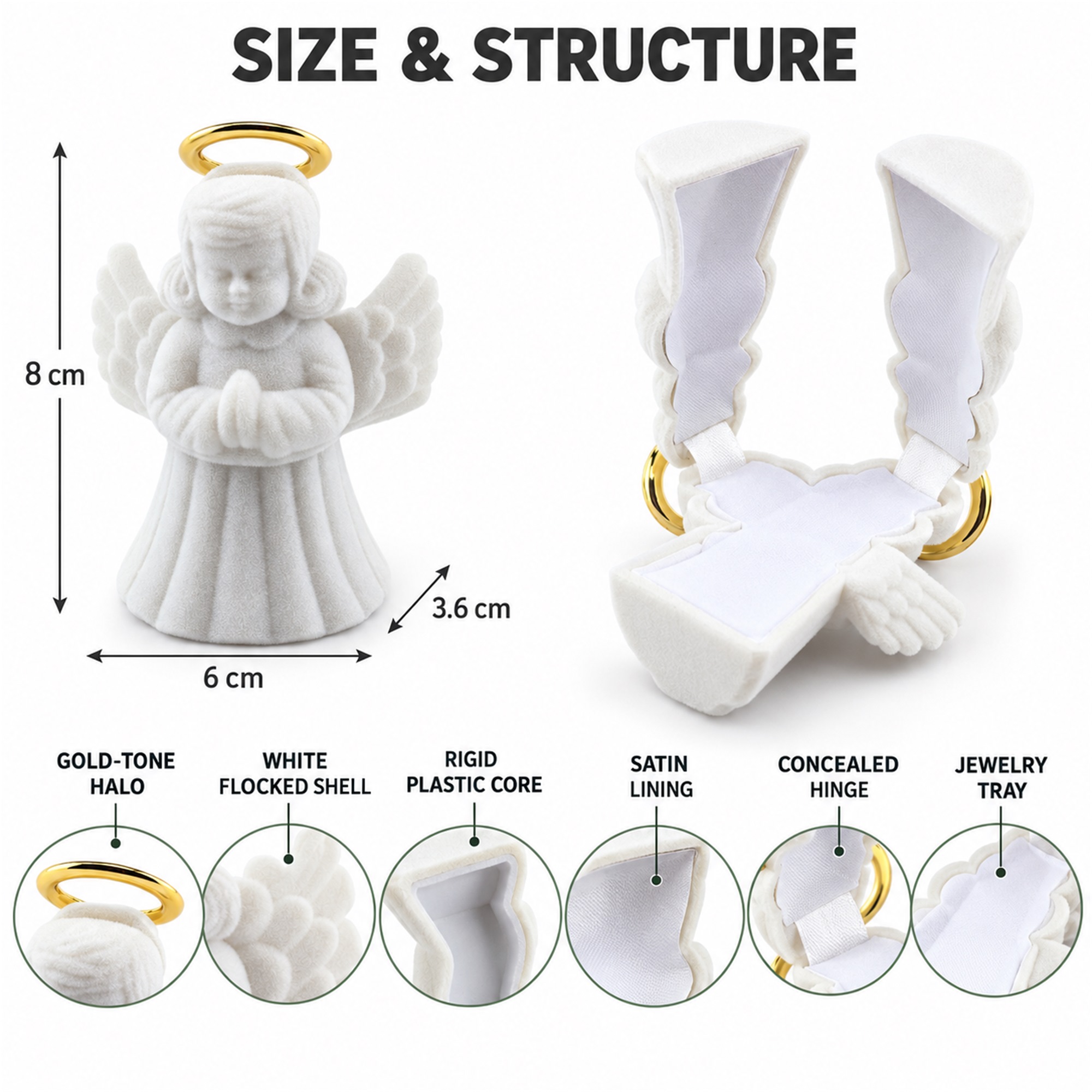 White Flocked Praying-Angel Figurine Jewelry Box size and structure