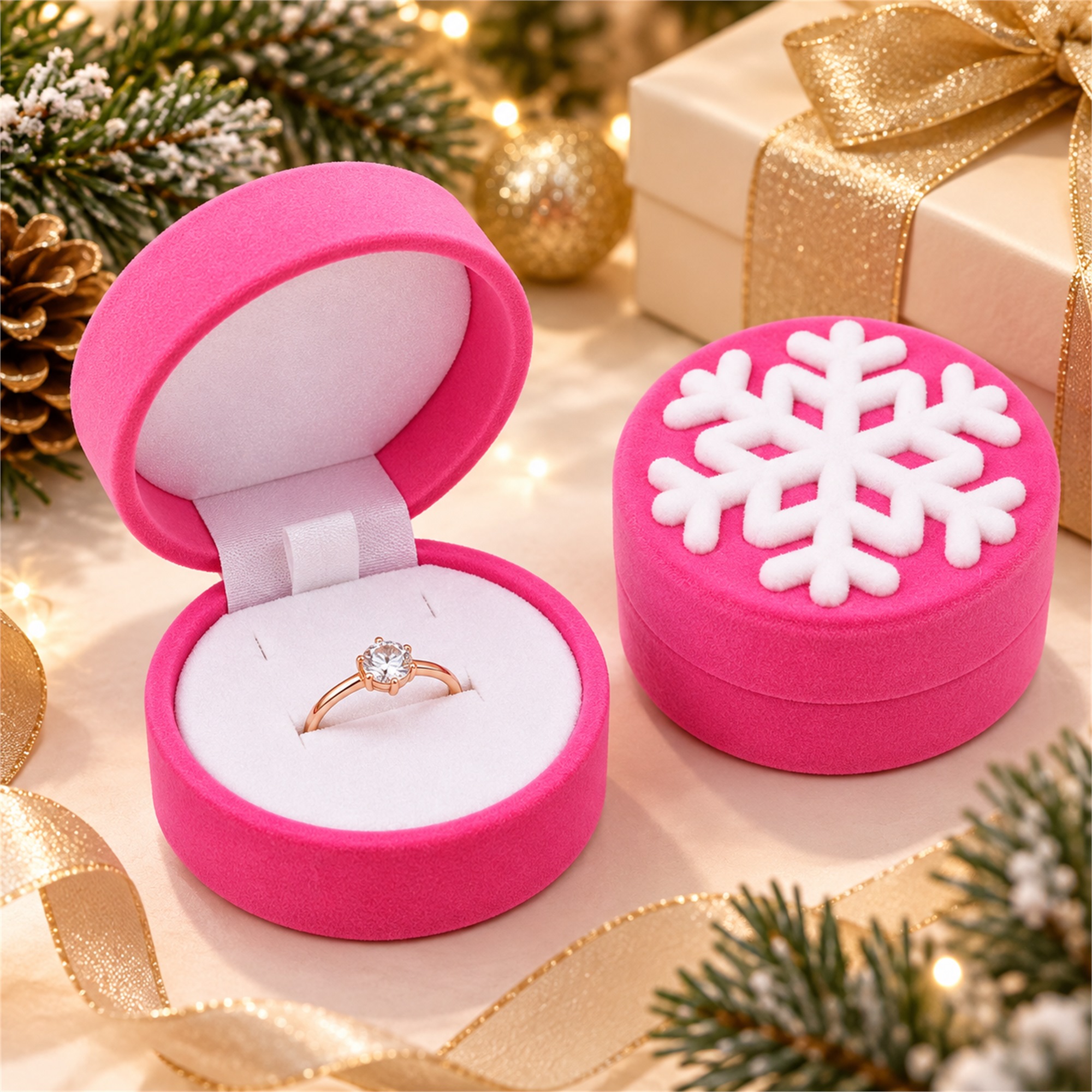 Custom Hot-Pink Flocked Snowflake Jewelry Presentation Box lifestyle application