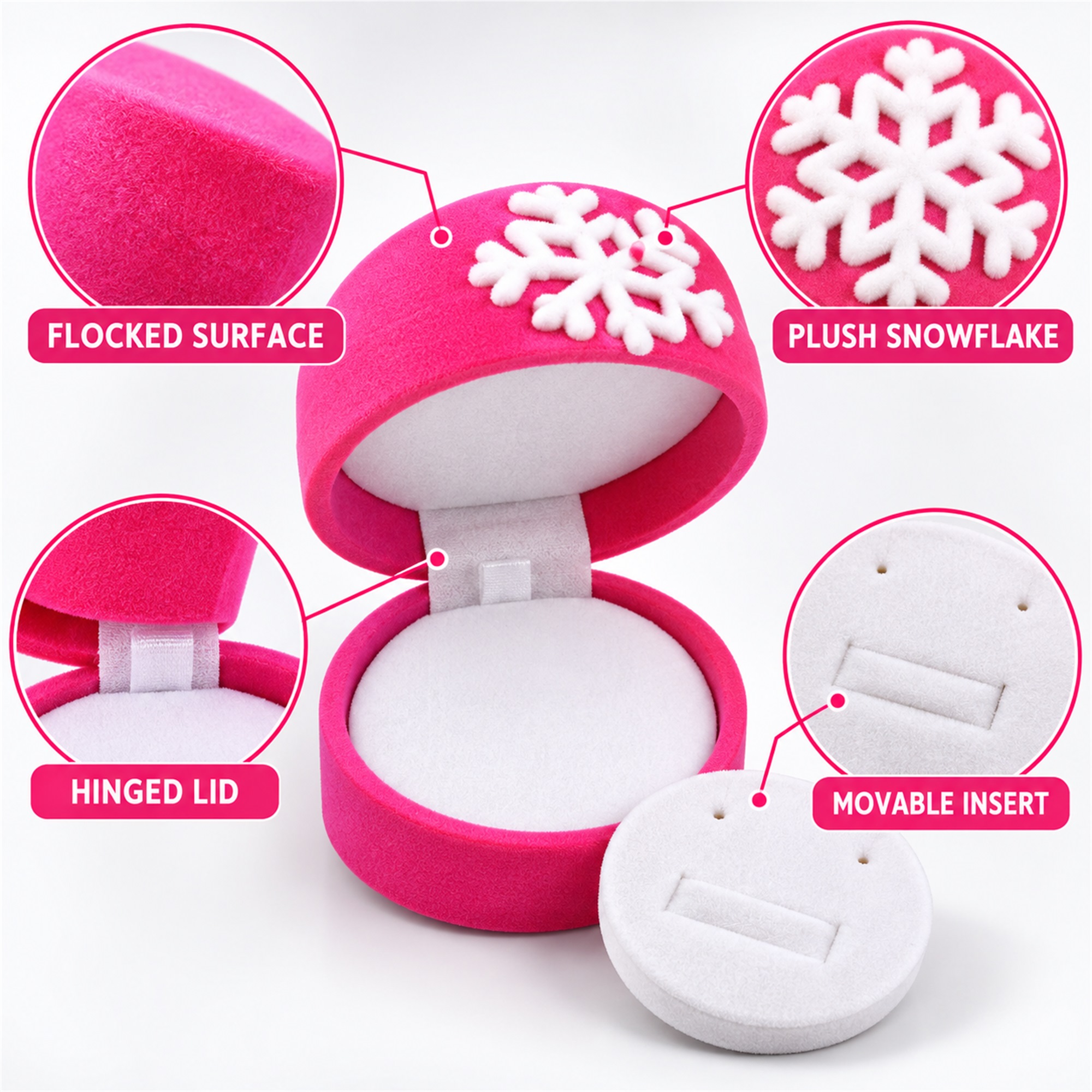 Custom Hot-Pink Flocked Snowflake Jewelry Presentation Box product construction details