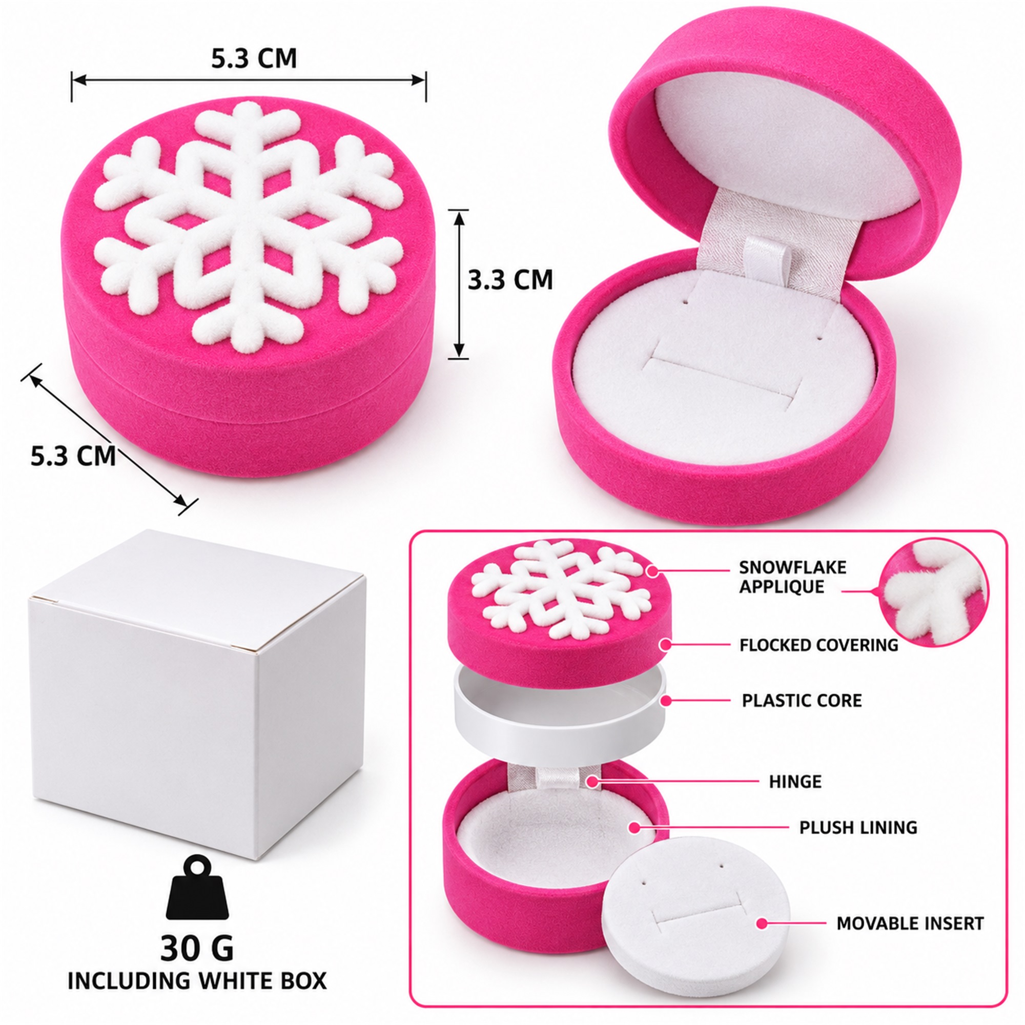 Custom Hot-Pink Flocked Snowflake Jewelry Presentation Box size and structure