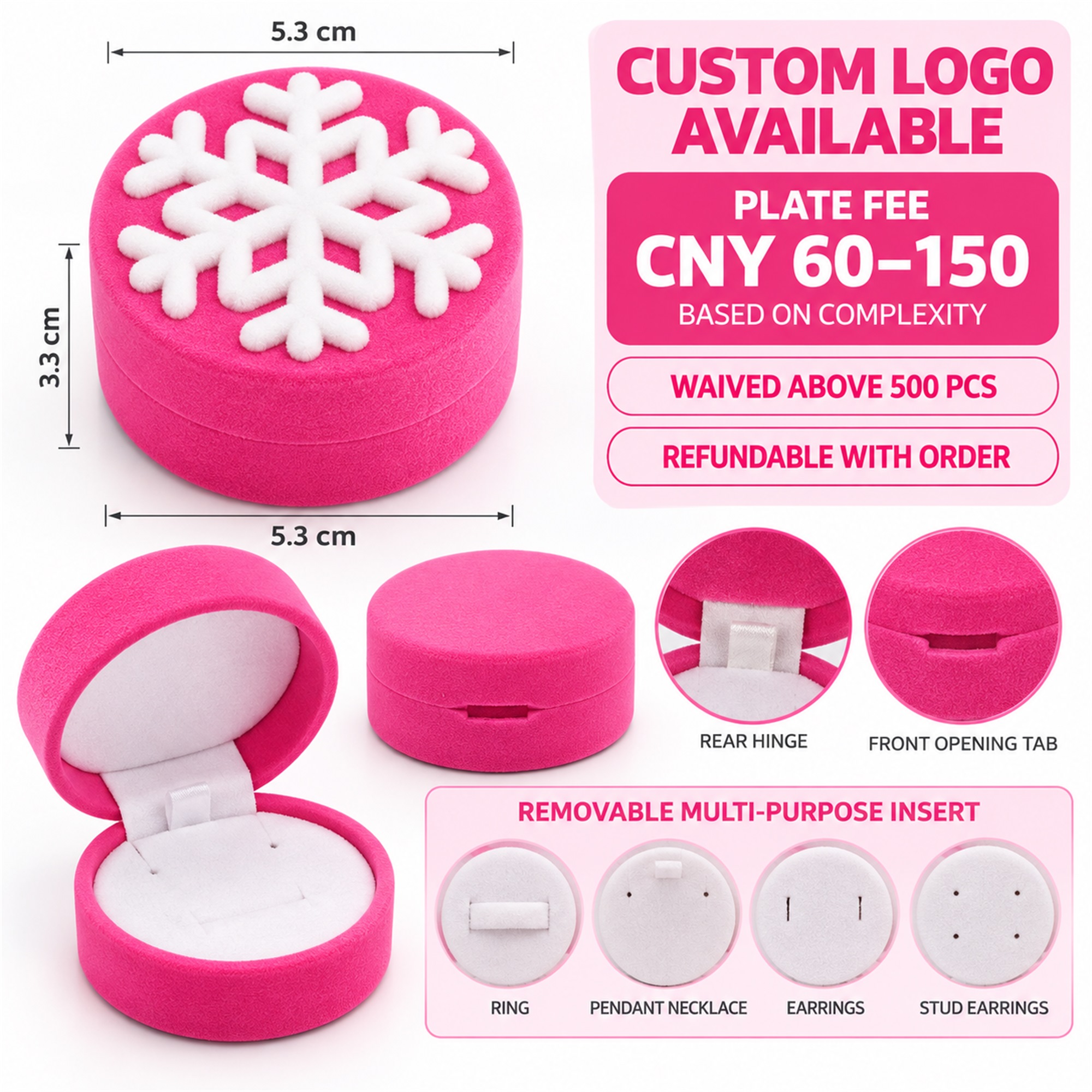 Custom Hot-Pink Flocked Snowflake Jewelry Presentation Box custom logo option