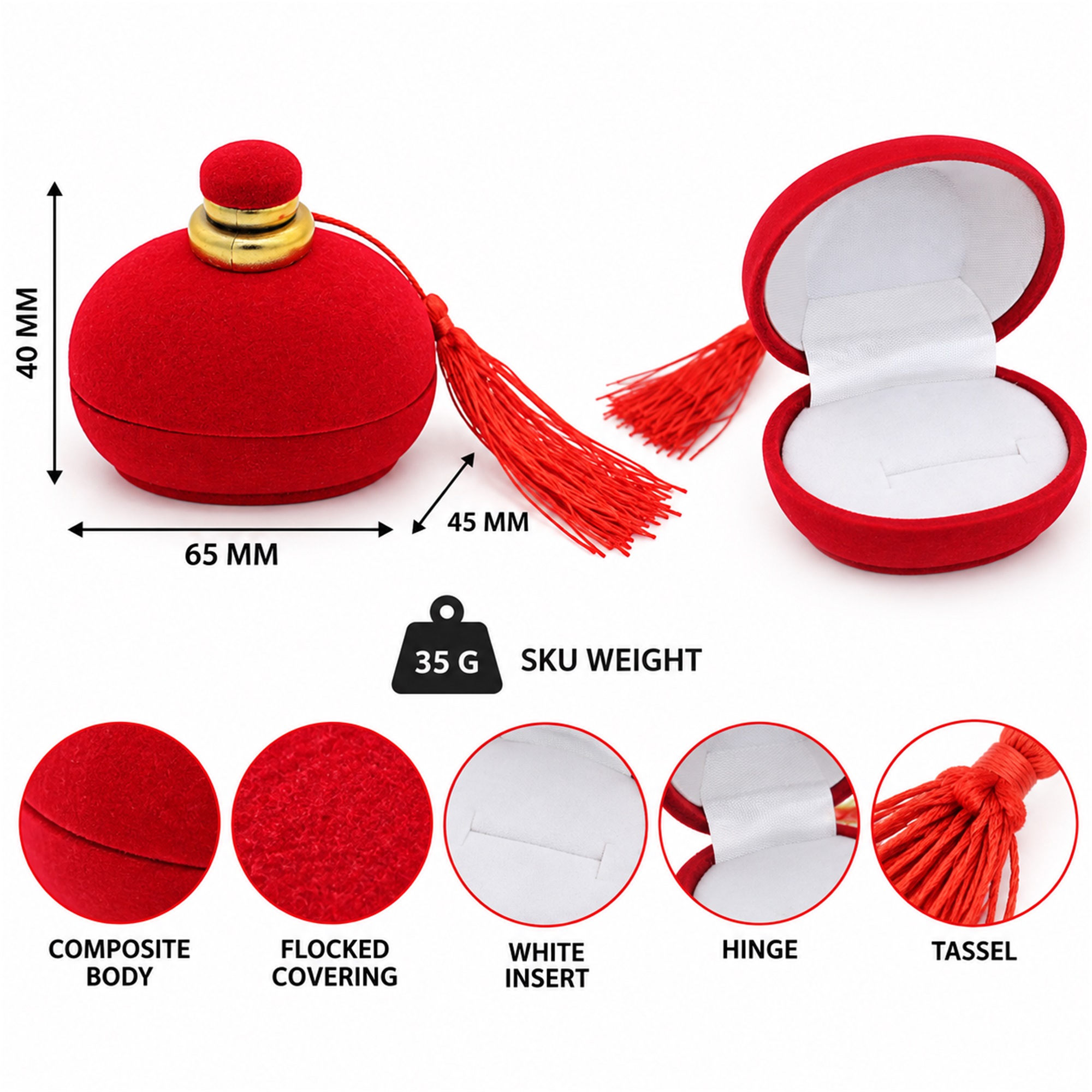 Bright-Red Perfume-Bottle-Shaped Flocked Jewelry Box size and structure