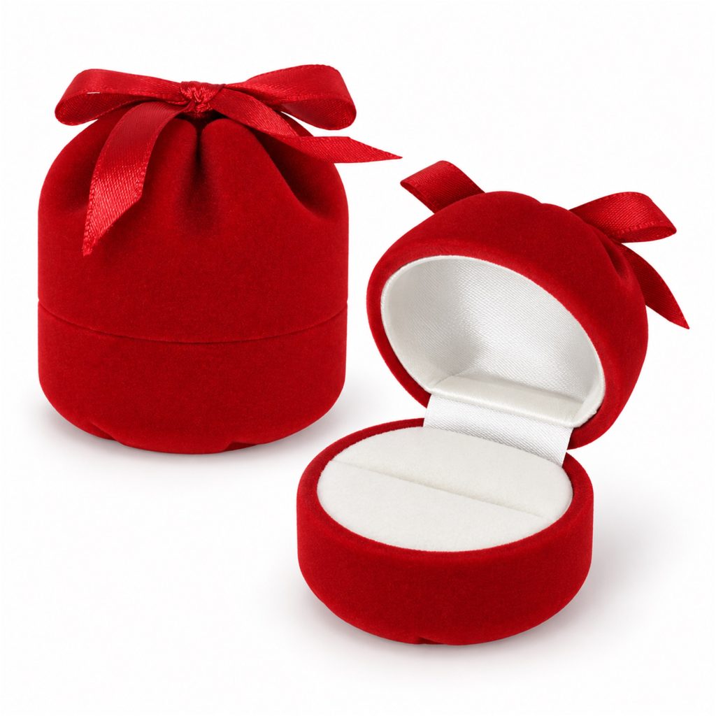 Red Bow-Topped Money-Pouch-Shaped Flocked Ring Box front product view
