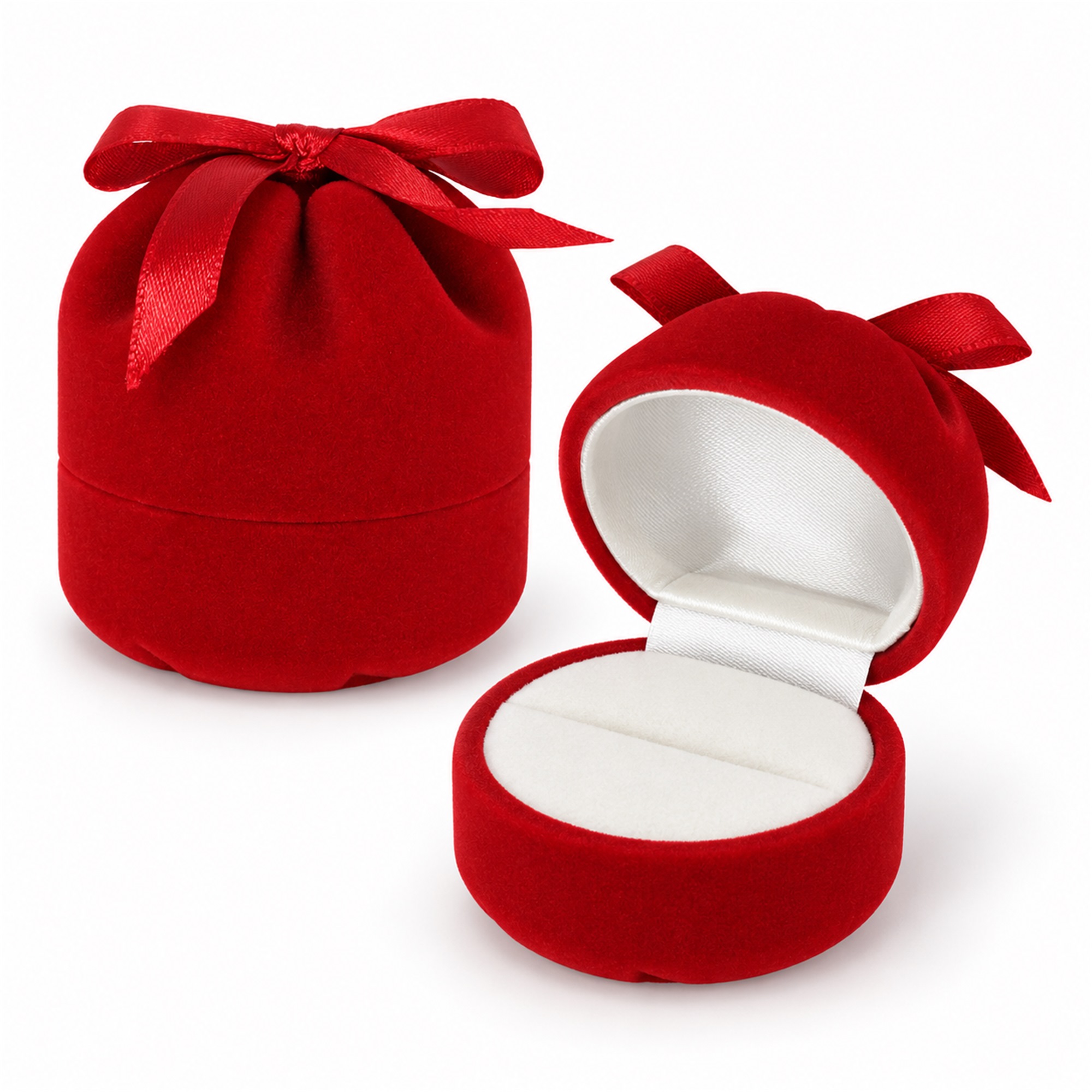 Red Bow-Topped Money-Pouch-Shaped Flocked Ring Box front product view
