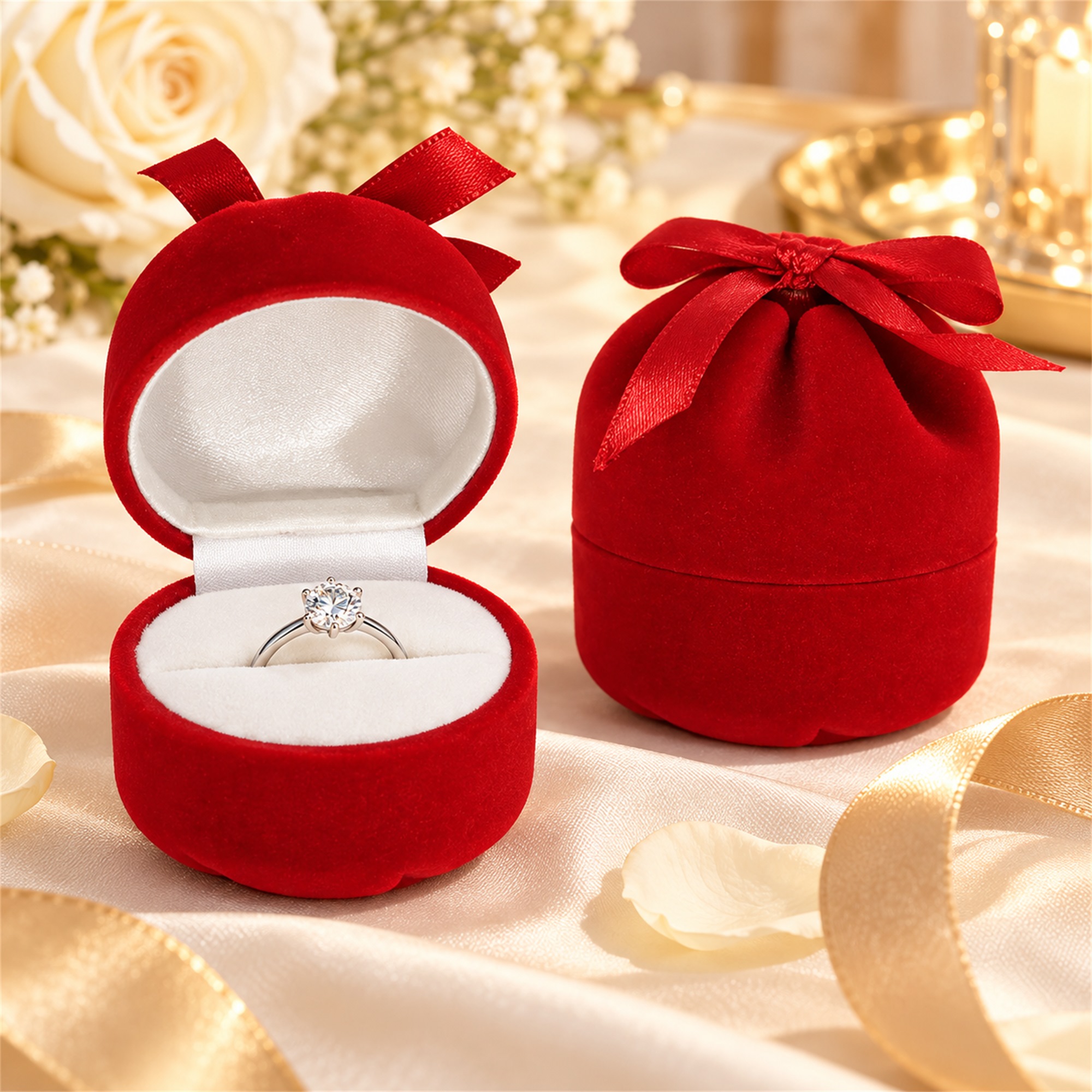 Red Bow-Topped Money-Pouch-Shaped Flocked Ring Box lifestyle application