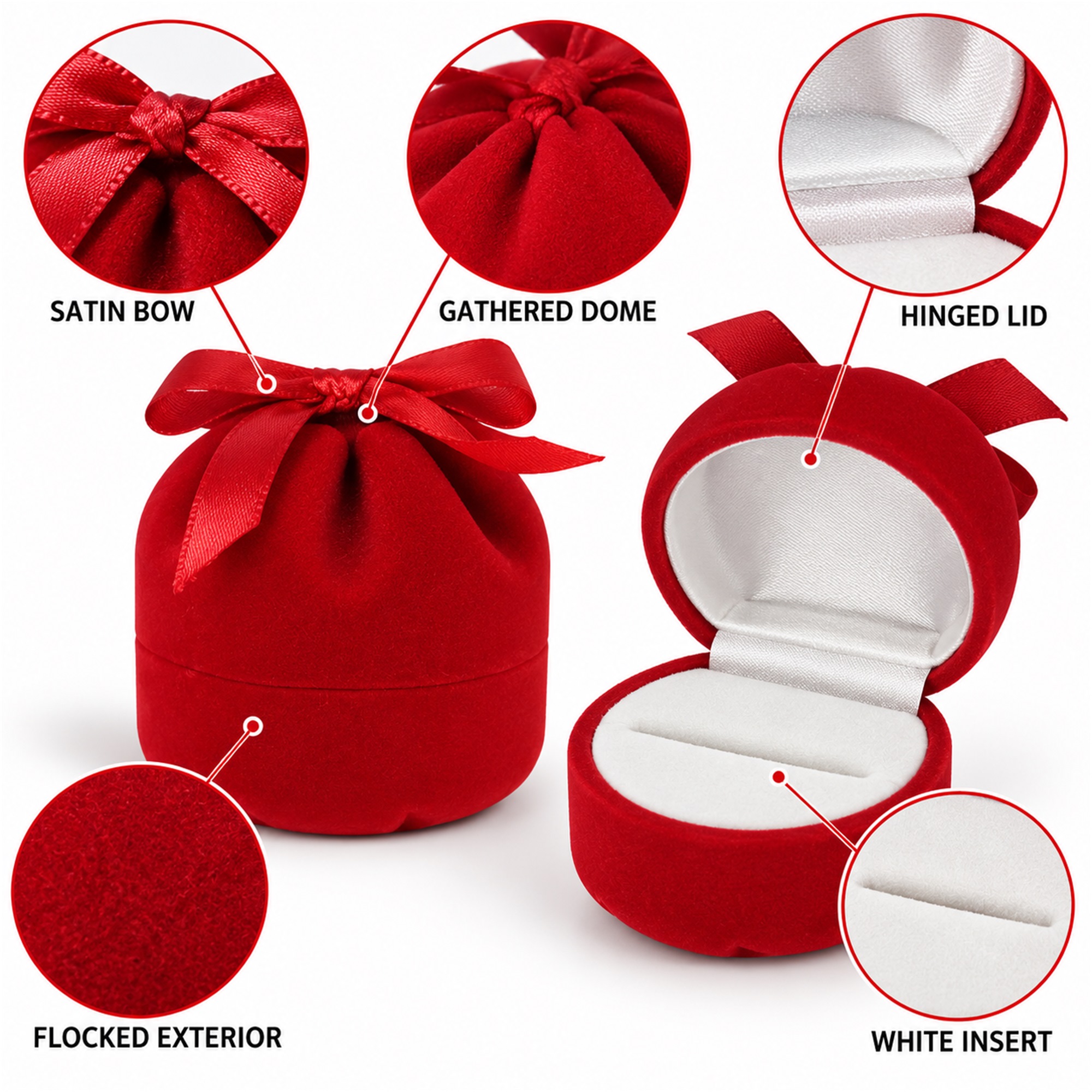 Red Bow-Topped Money-Pouch-Shaped Flocked Ring Box product construction details